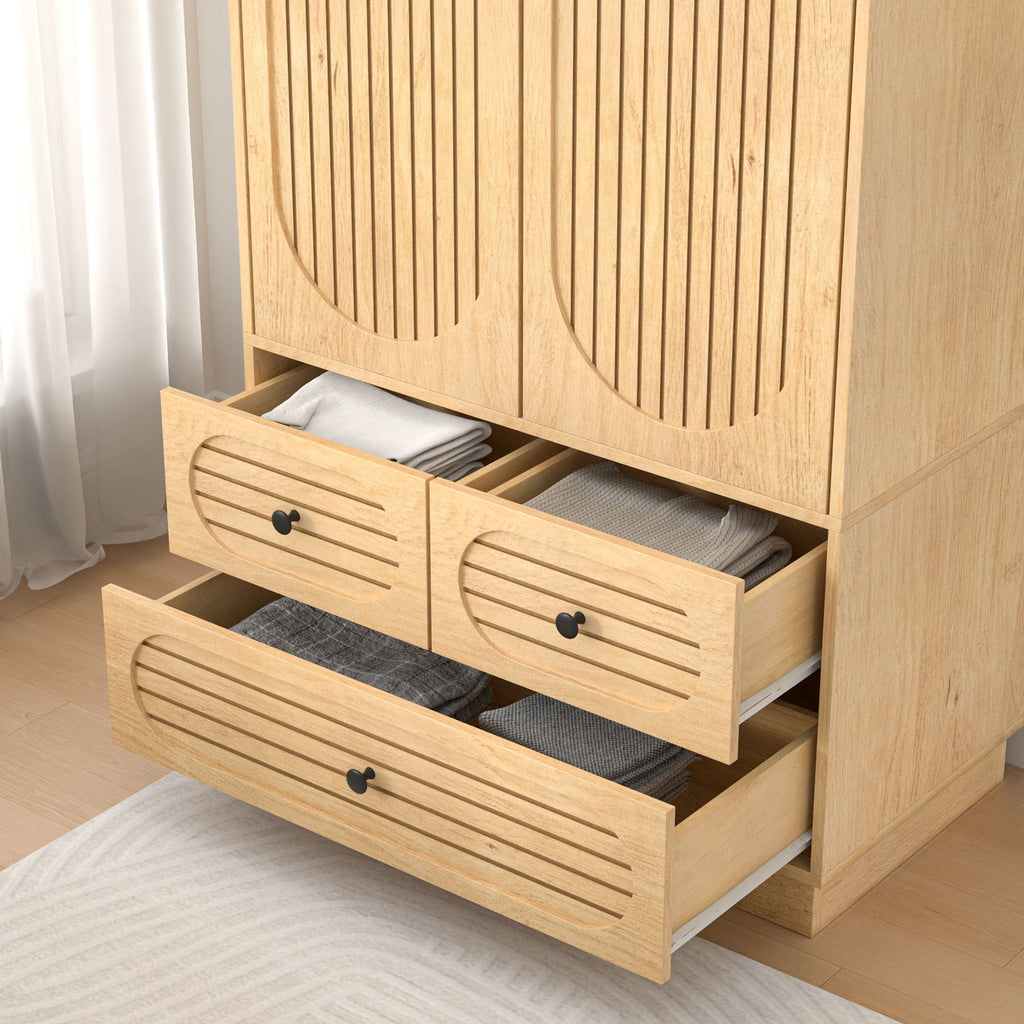 Wardrobe Closet with 2 Door & 3 Drawers, Freestanding Wooden Closet with Shelves and Hanging Rod, Bedroom