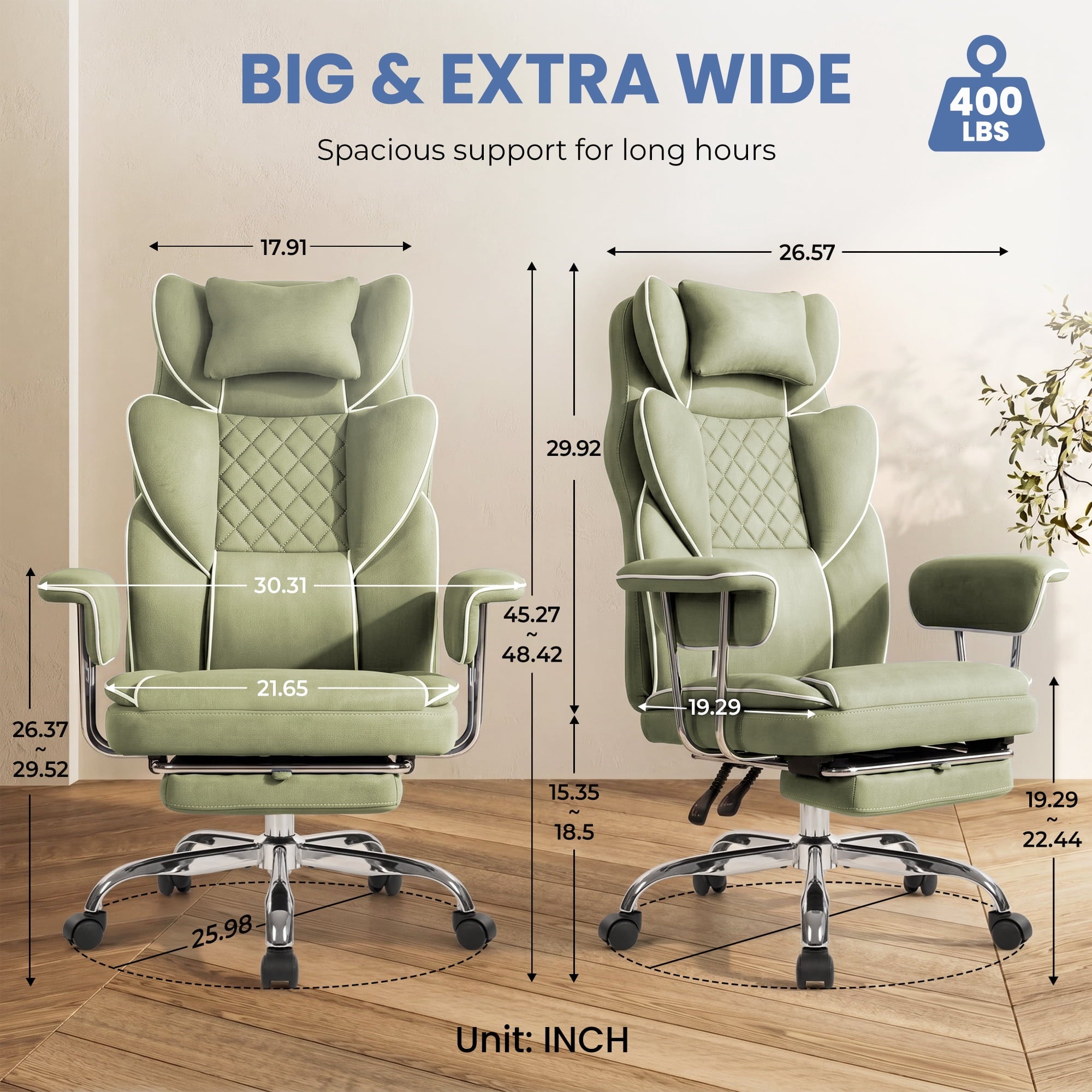 CELTOSS Executive Office Chair 400LBS, High Back Computer Chair with Arms and Footrest, Ergonomic Desk Chair with Lumbar Support, 90–135° Reclining Office Chairs for Home Work, Fabric Blue