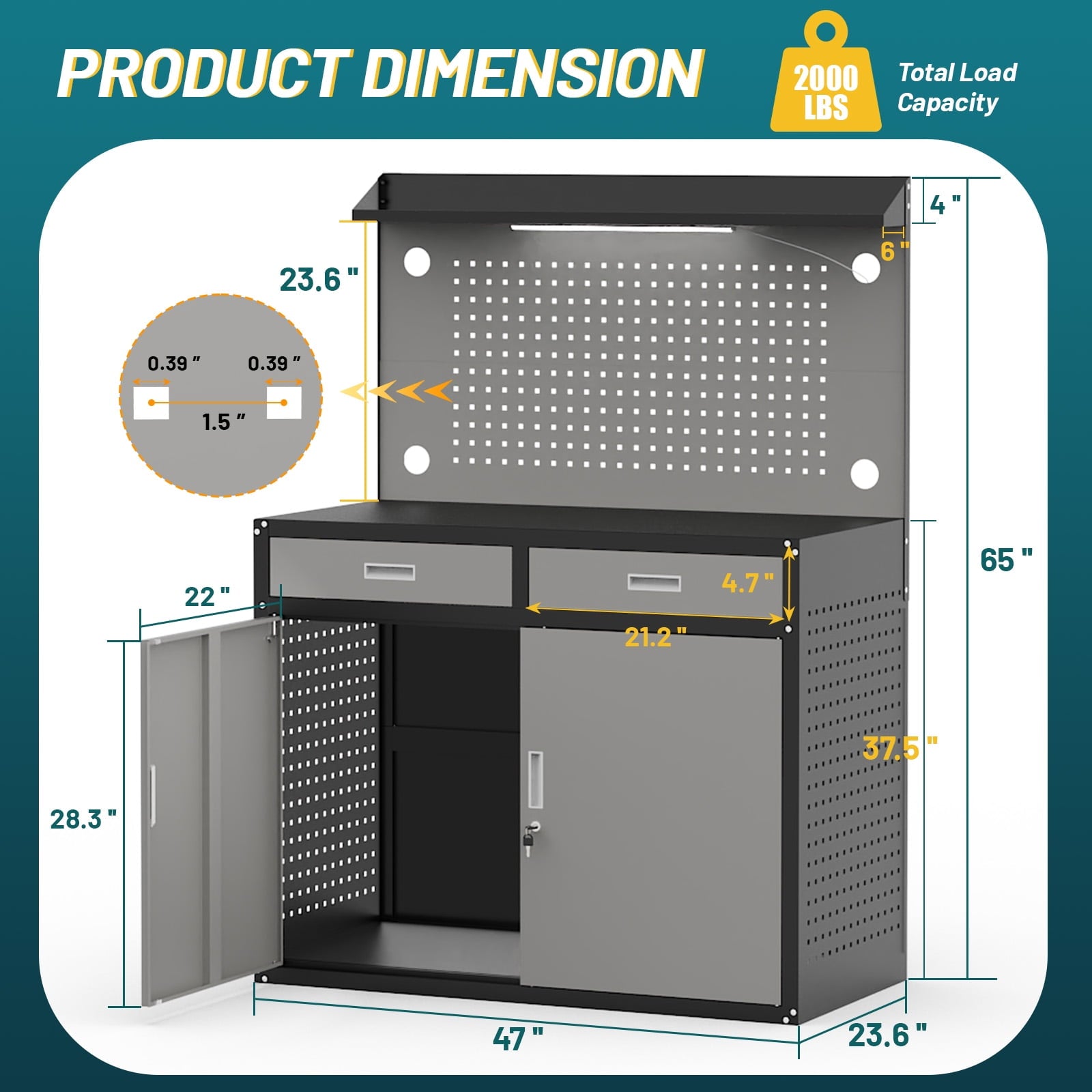 65 Heavy Duty Workbench with Drawers and Lockable Storage Cabinet- 2000 LBS Capacity Work Bench with Pegboard Organiser,Work Table with Adjustable LED Light for Garage,Workshop and Repair Shop