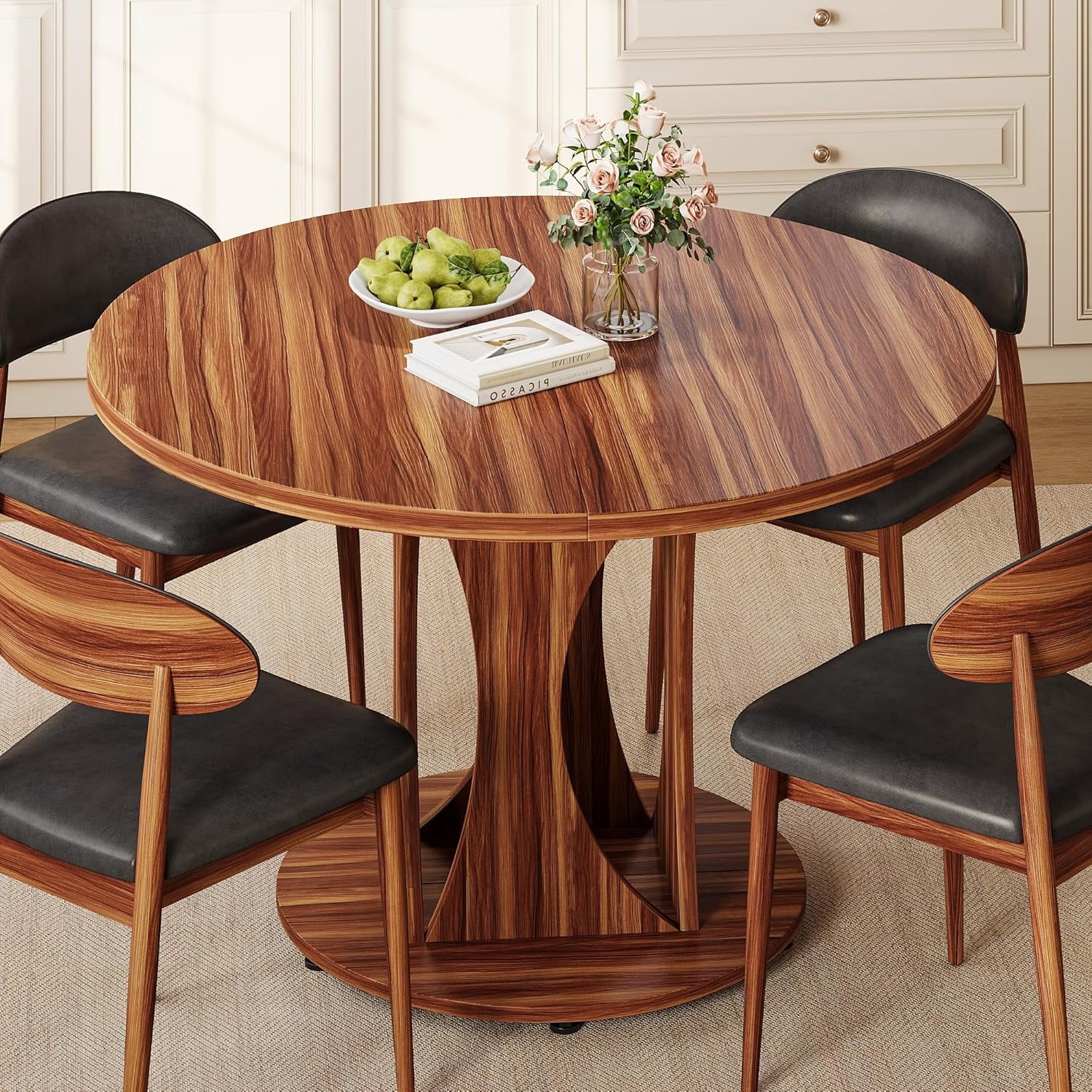 Virans 43.3-59 Extendable Round Dining Table for 6-8,Kitchen Table with MDF,Modern Dinner Table for Dining Rooms,Living Rooms,Walnut