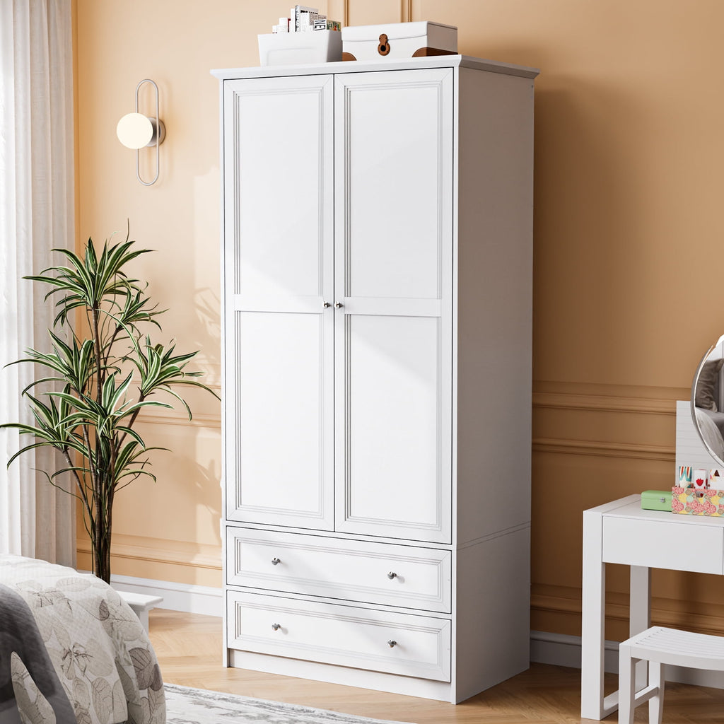 Ktaxon Wardrobe Armoire Closet with Hanging Rod, Modern Drawer & Shelf – Elegant White Finish Closet, Farmhouse to Mid-Century Style