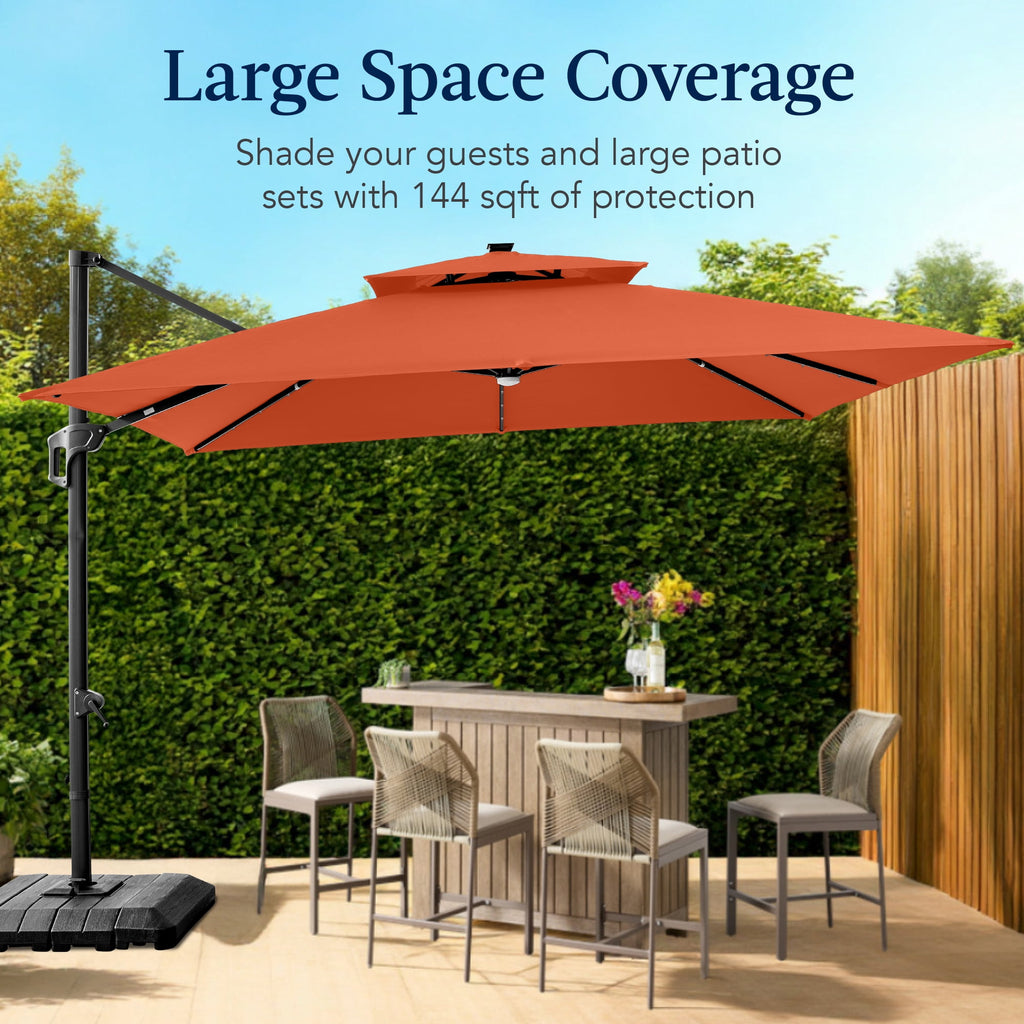 Best Choice Products 12x12ft 2-Tier Square Outdoor Solar LED Cantilever Umbrella w/ 360-Rotating Base   Gray