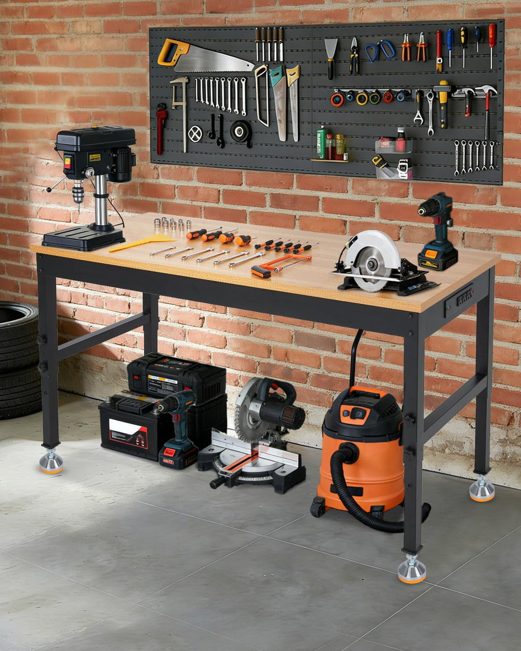 Adjustable Heavy-Duty Workbench with Power Outlets – 48 / 60 / 72 Inch Wood Top Work Table, 2500 lb Capacity, Steel Frame for Garage, Workshop, or Home Office