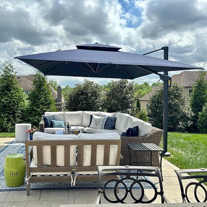 PURPLE LEAF Cantilever Umbrellas 12FT Square Large Patio Umbrella Offset Umbrella with 360°Rotation Tilting And Hanging Double Top, Grey