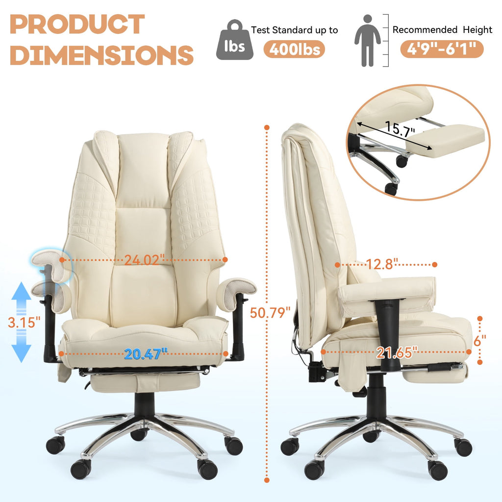 Massage & Heated Office Chair with Foot Rest, Ergonomic Executive Office Chair with Reclining Backrest, Adjustable Arms and Lumbar Support, High Back Leather Desk Chairs for Home Office, Beige