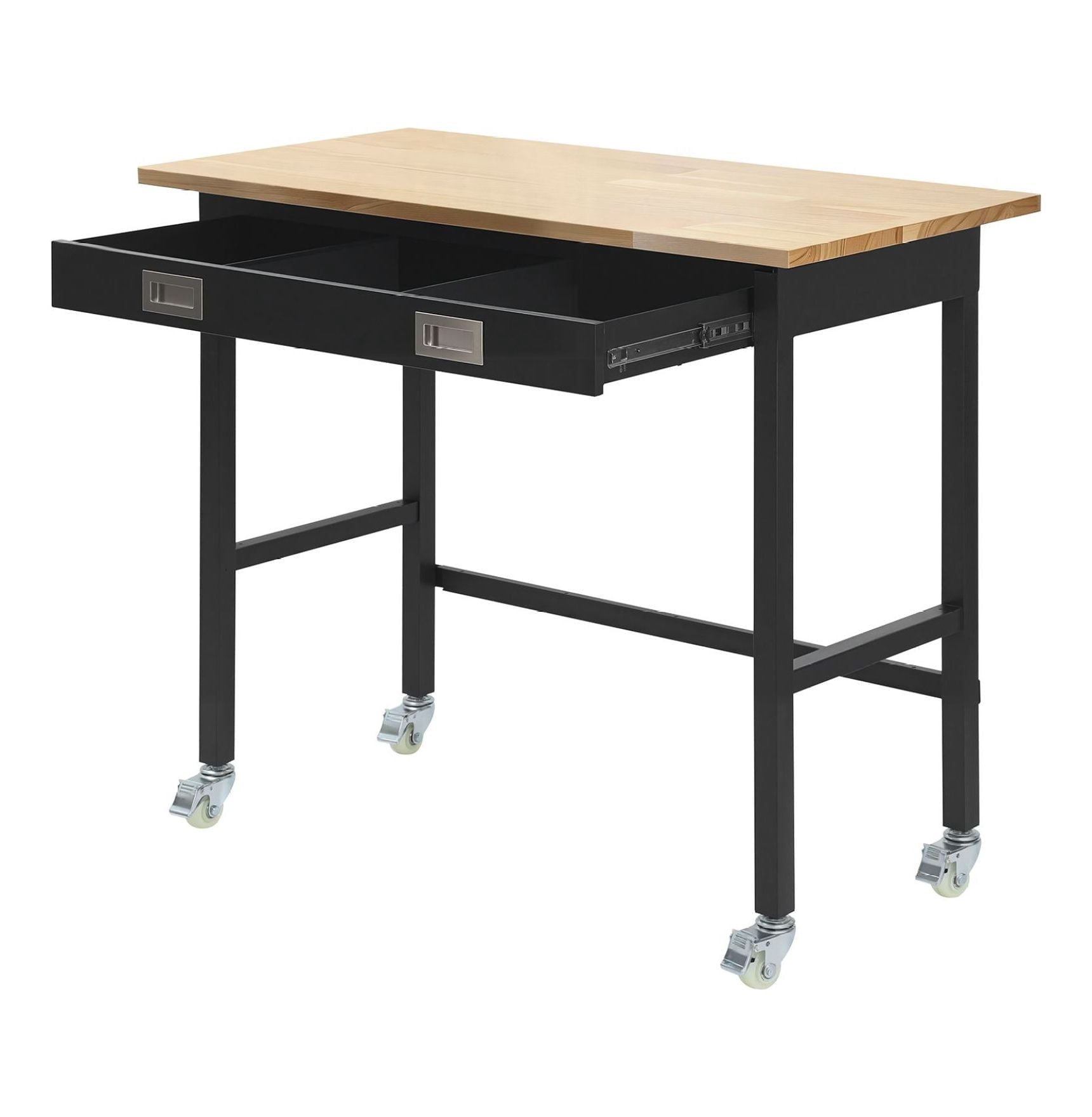 48-inch Workbench with Drawer and Wheels, 1500 lbs Capacity, Heavy Duty Oak Wood Top Work Table for Garage, Workshop, Office