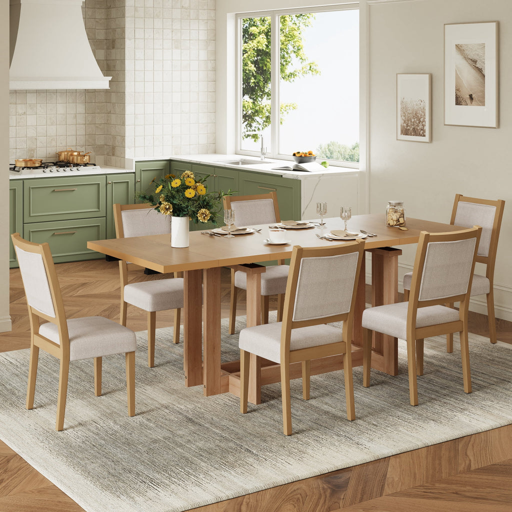Harper & Bright Designs 7 Pieces Retro Dining Set for 6, Wood Rectangular Table with Designed Trestle Base and 6 Upholstered Chairs for Dining Room and Kitchen, Grey