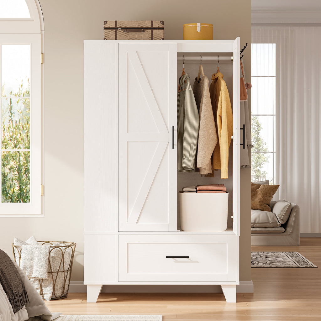 IRONCK 67 Tall Wardrobe Closet with Mirror & Drawer, White Wooden Bedroom Armoire Cabinet with Side Shelves and Hooks