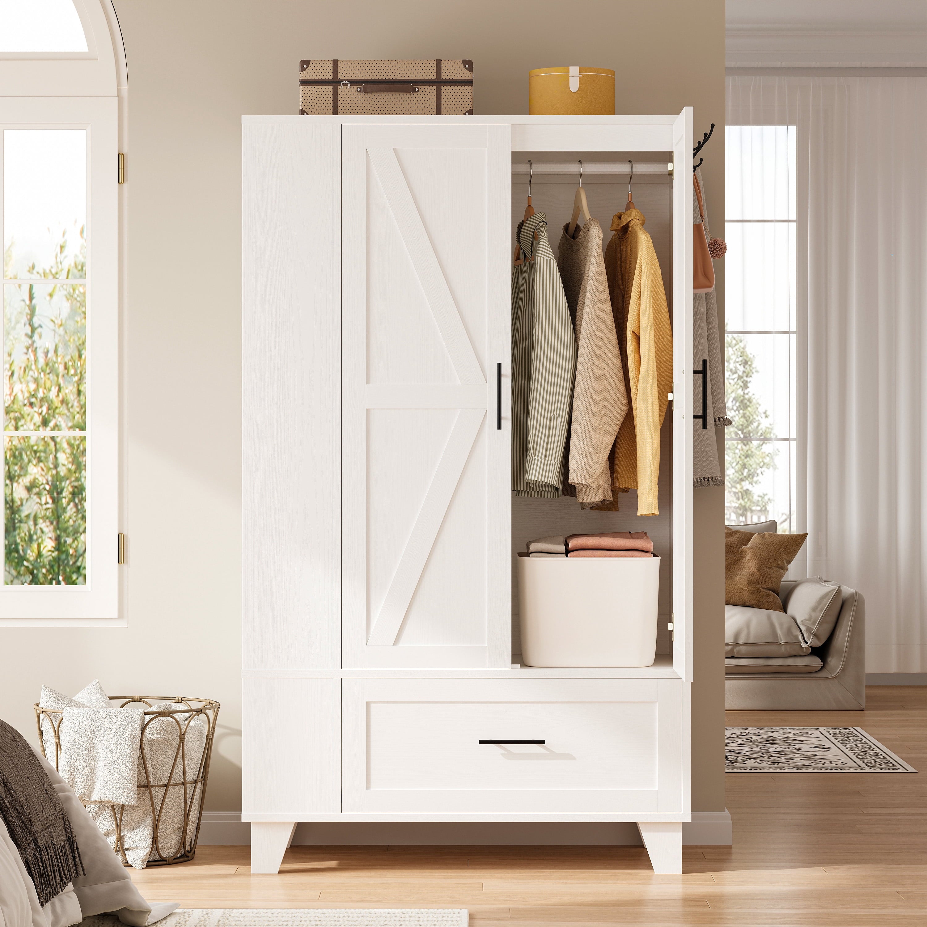 IRONCK 67 Tall Wardrobe Closet with Mirror & Drawer, White Wooden Bedroom Armoire Cabinet with Side Shelves and Hooks