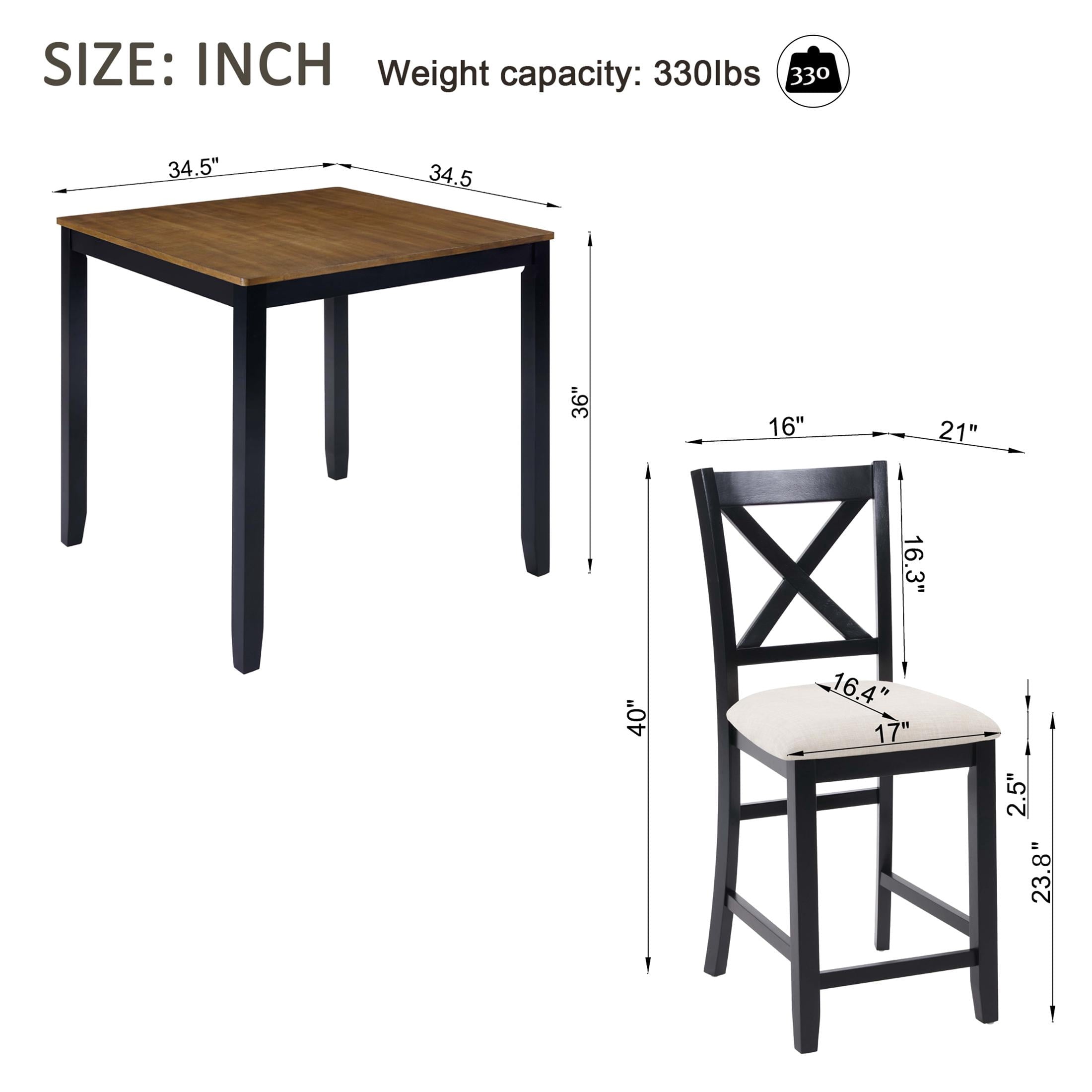 SESSLIFE Dining Table Set for 4, Counter Height Kitchen Table Set with Square Table and 4 Upholstered Chairs, Solid Wood Dining Room Set for 4, Space-Saving, Black & Oak