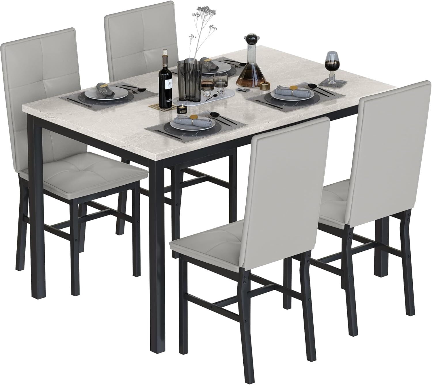 MOOSENG Dining Table Set for 4, Faux Marble Kitchen Table and Chairs Set of 4, 5-Piece Dining Room Set with PU Leather Upholstered Chairs for Small Space, Gray