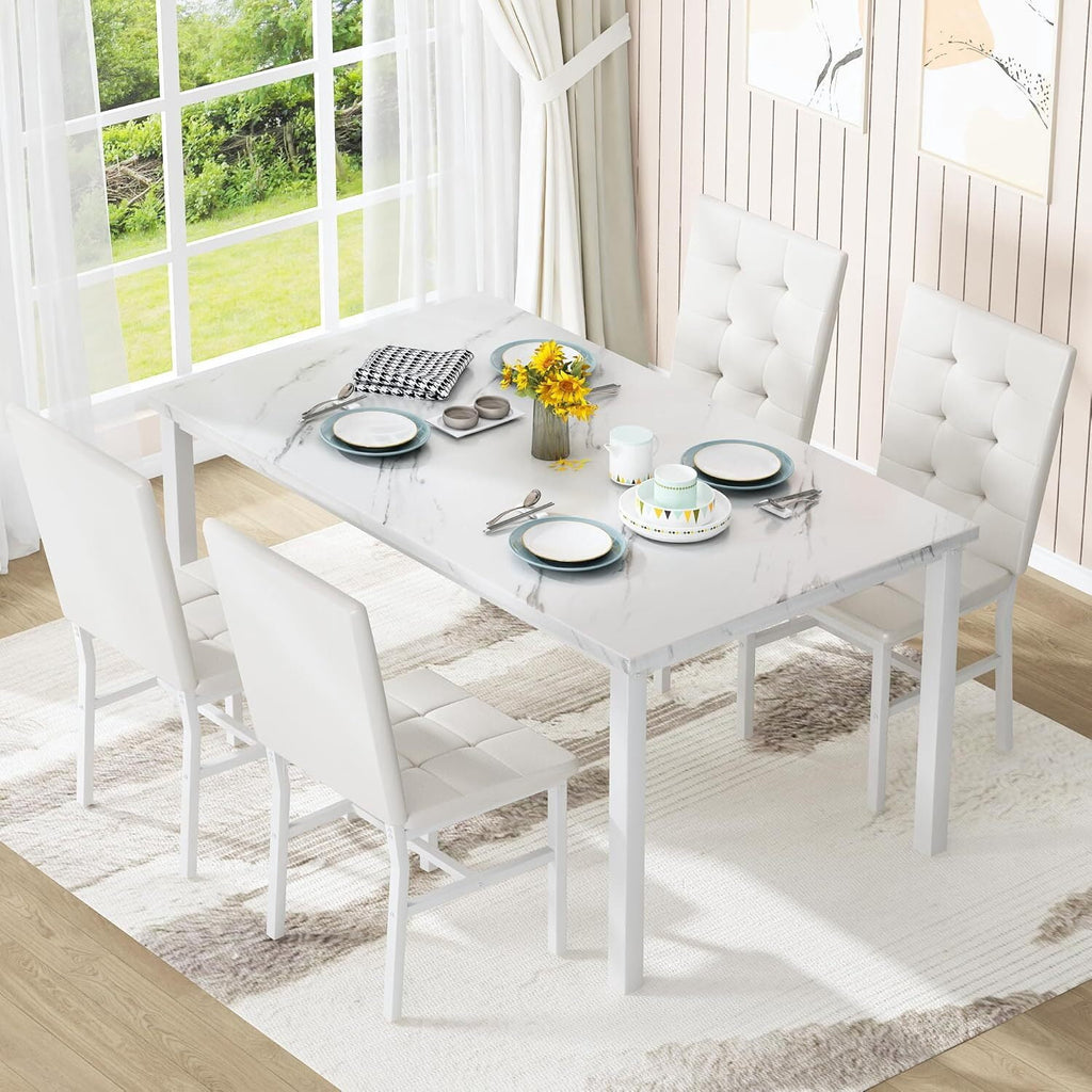 MOOSENG 5-Piece Dining Table Set with Faux Marble Top, Modern Kitchen Table and Set of 4 Grey Velvet Upholstered Chairs, Space-Saving Dinette Set for Small Spaces