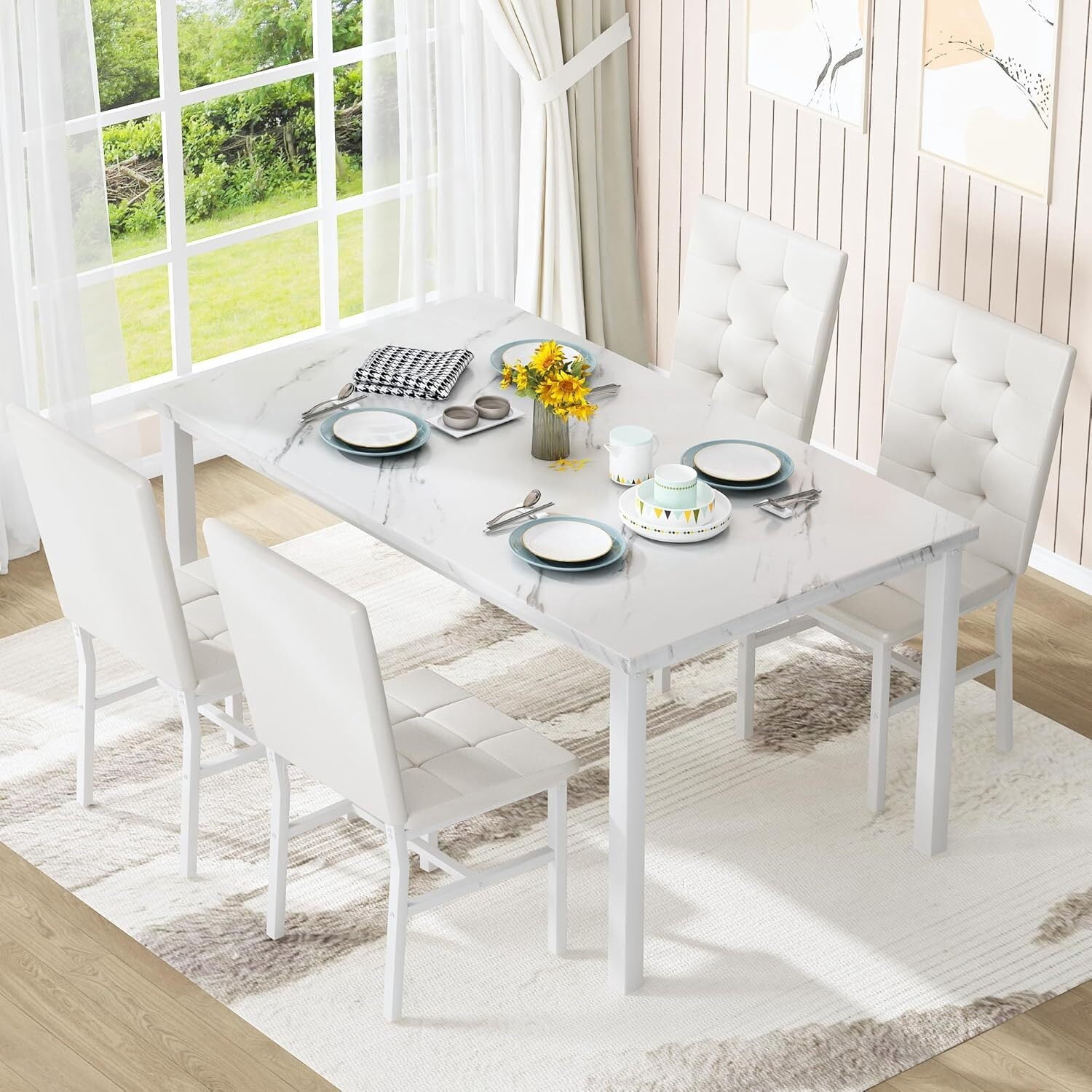 MOOSENG 5-Piece Dining Table Set with Faux Marble Top, Modern Kitchen Table and Set of 4 Grey Velvet Upholstered Chairs, Space-Saving Dinette Set for Small Spaces
