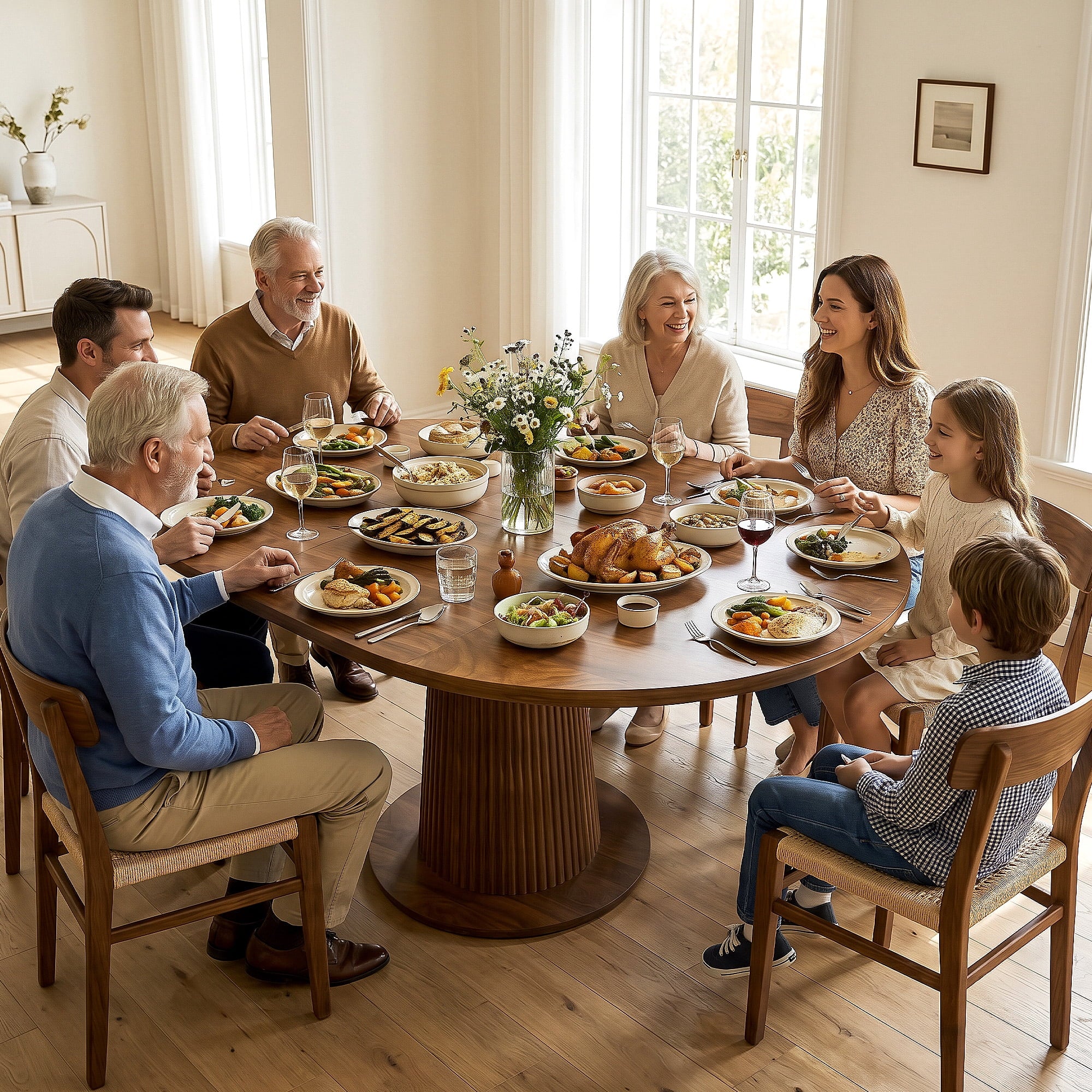 Keenstone Round Dining Table 43-59 Extendable, for 4 to 6, with Storage Space, Kitchen Dinner Room Table for Dining Room and Small Space Walnut