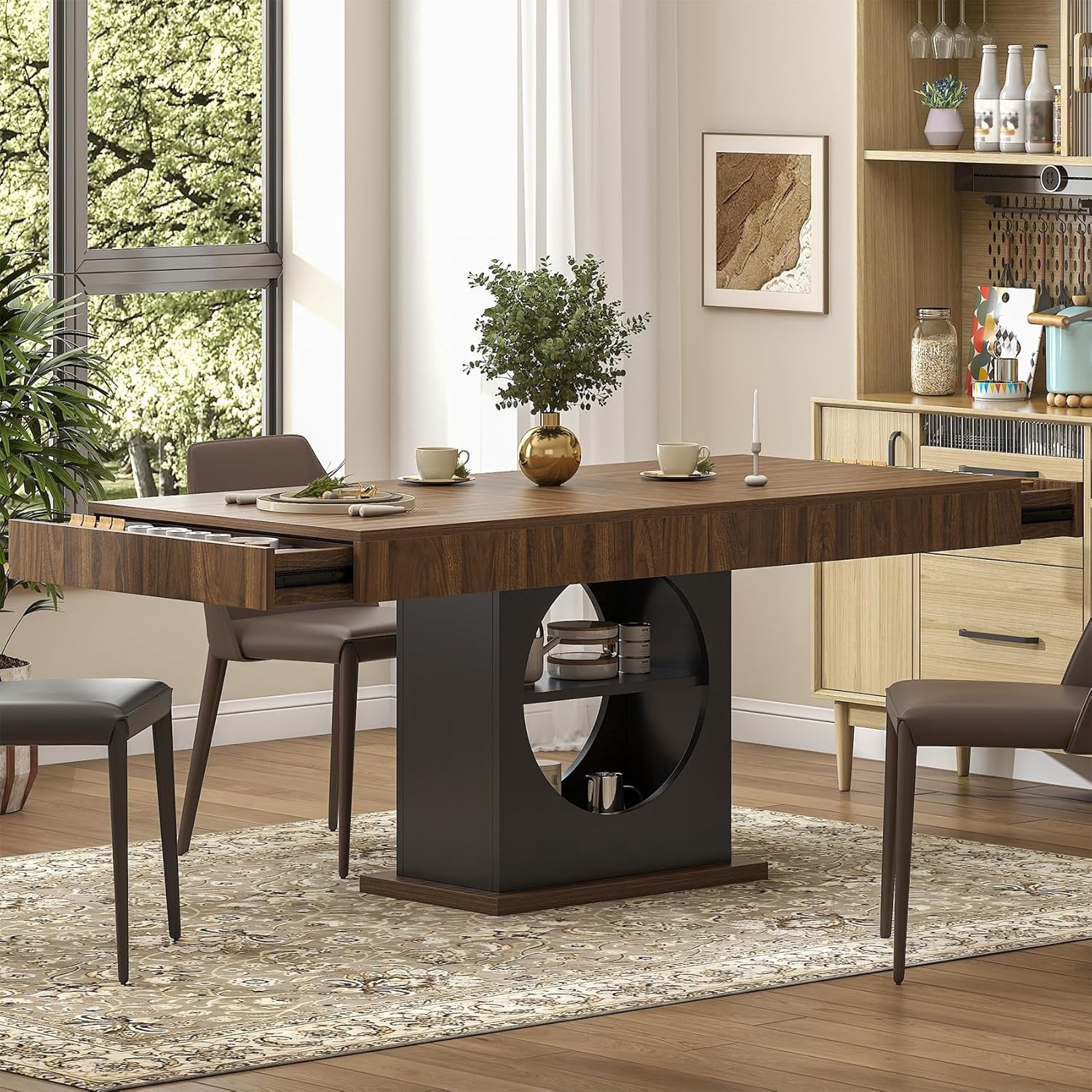 HAUXITIO 55 Inch Dining Table with LED Lights & 2 Drawers,Wooden Pedestal Base Table for 4-6 People,for Kitchen & Dining Room,White& Rustic Brown