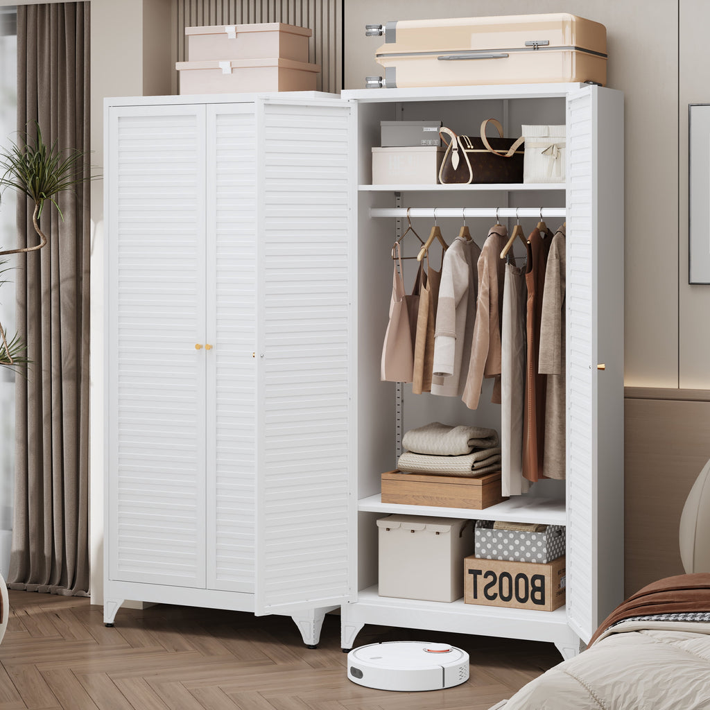 Polup 71 H Modern Metal Sturdy Armoire Cabinet with Shelves and Hanging Rod, Adult Bedroom Wardrobe Closet with Doors