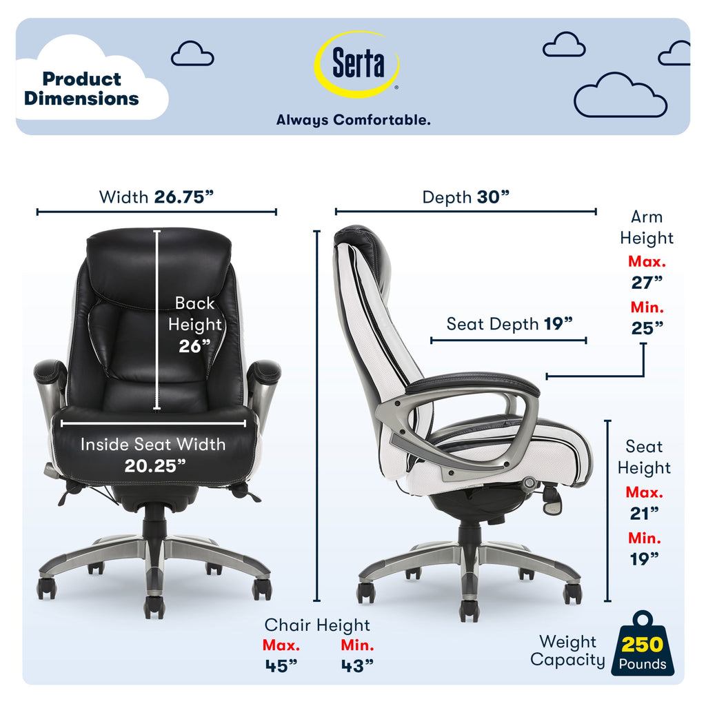 Serta Lautner Executive Home Office Desk Chair, Ergonomic High-Back with Adjustable Lumbar and Body Pillows, SmartLayers and ComfortCoils Technology, Mesh and Bonded Leather, Black and Gray
