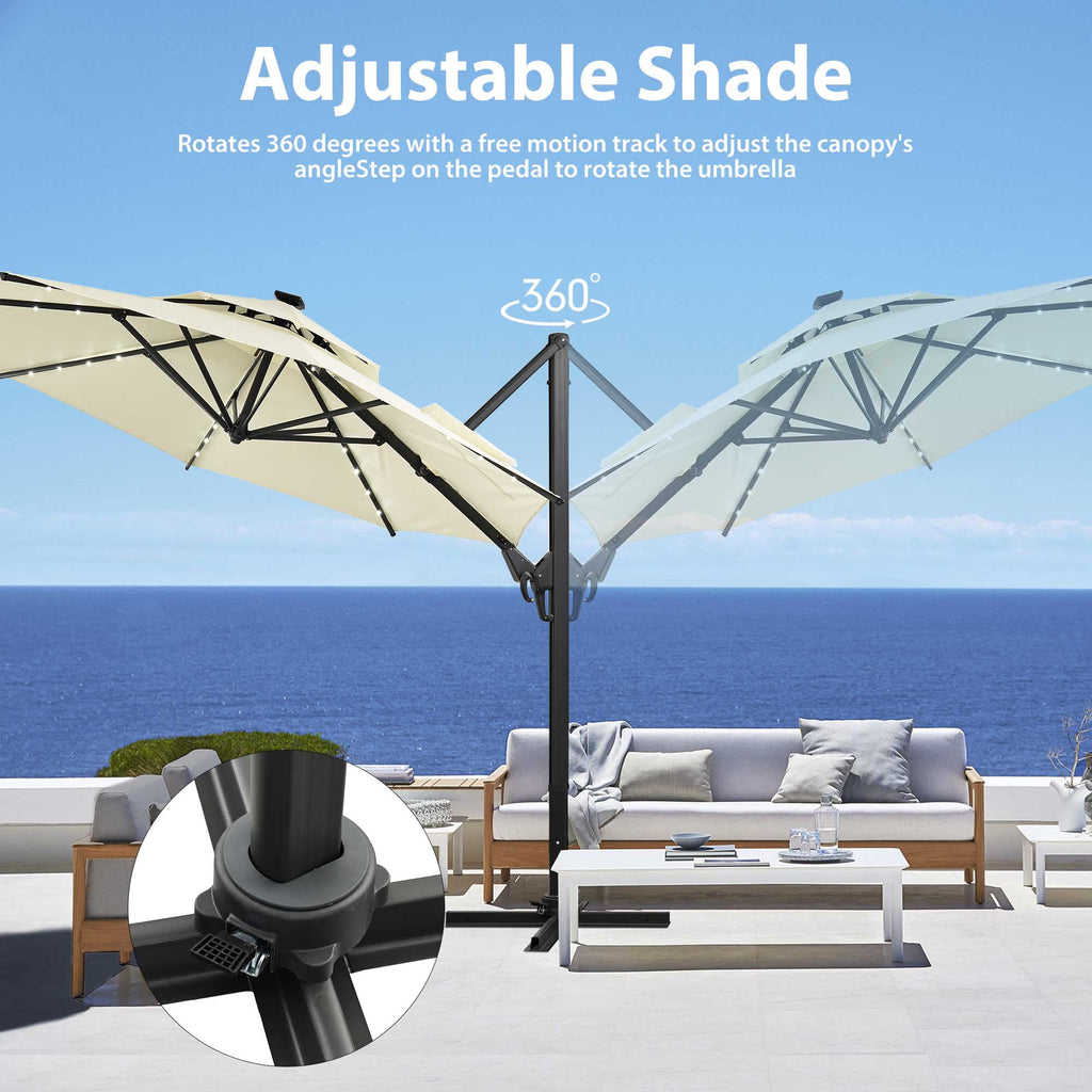 Ainfox 10ft Double Top Heavy-Duty Patio Cantilever Umbrella with lights and Cross Base, Outdoor Large Offset Hanging Aluminum Rotation Sun Shade Solar Umbrella with 360°Rotation Adjustable,Khaki