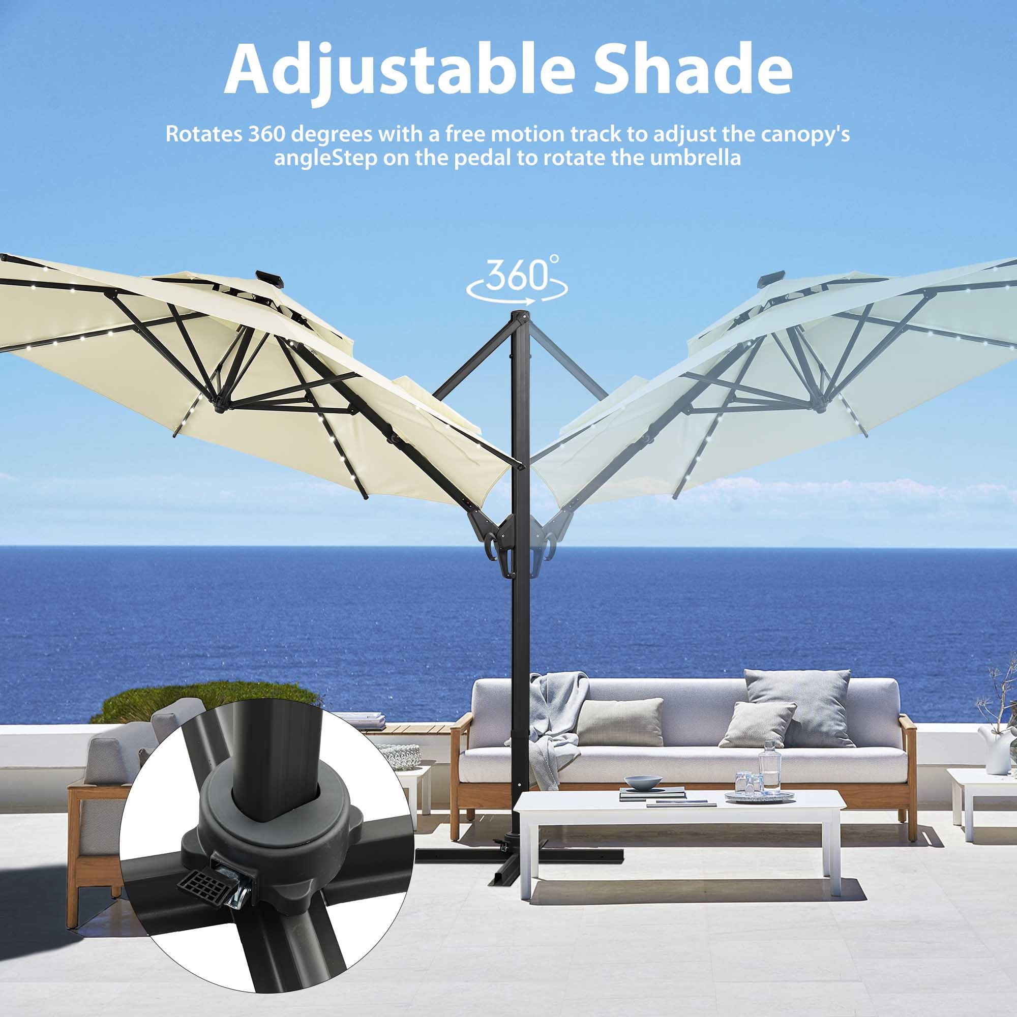 Ainfox 10ft Double Top Heavy-Duty Patio Cantilever Umbrella with lights and Cross Base, Outdoor Large Offset Hanging Aluminum Rotation Sun Shade Solar Umbrella with 360°Rotation Adjustable,Khaki