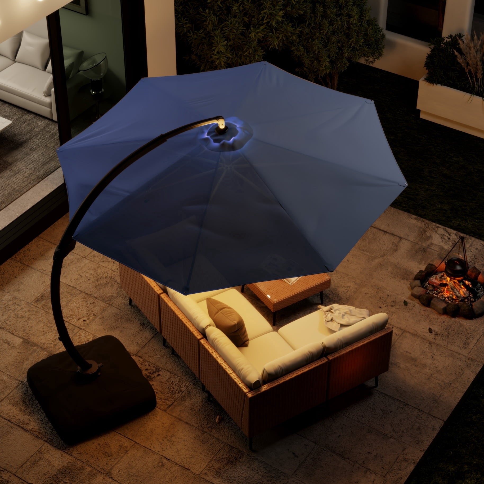 LAZZO 12ft Outdoor Patio Umbrella with Base and Lights, Aluminum Offset Cantilever Umbrella for Pool Deck, Champagne
