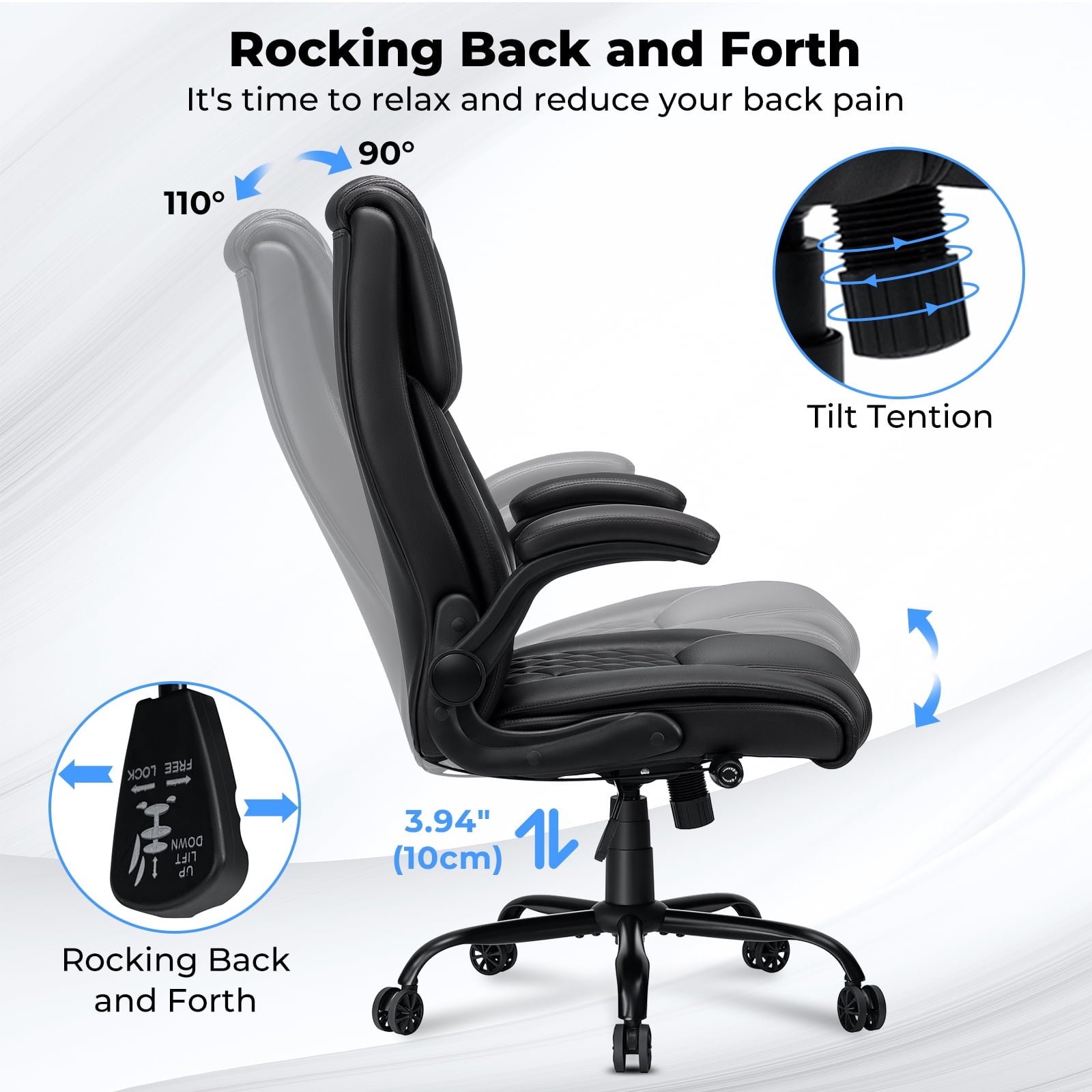 Hoffree Big and Tall Office Chair, 500lbs Executive Desk Chair with Adjustable Lumbar Support Ergonomic Computer Leather Chair with Padded Flip-up Arms for Home Office