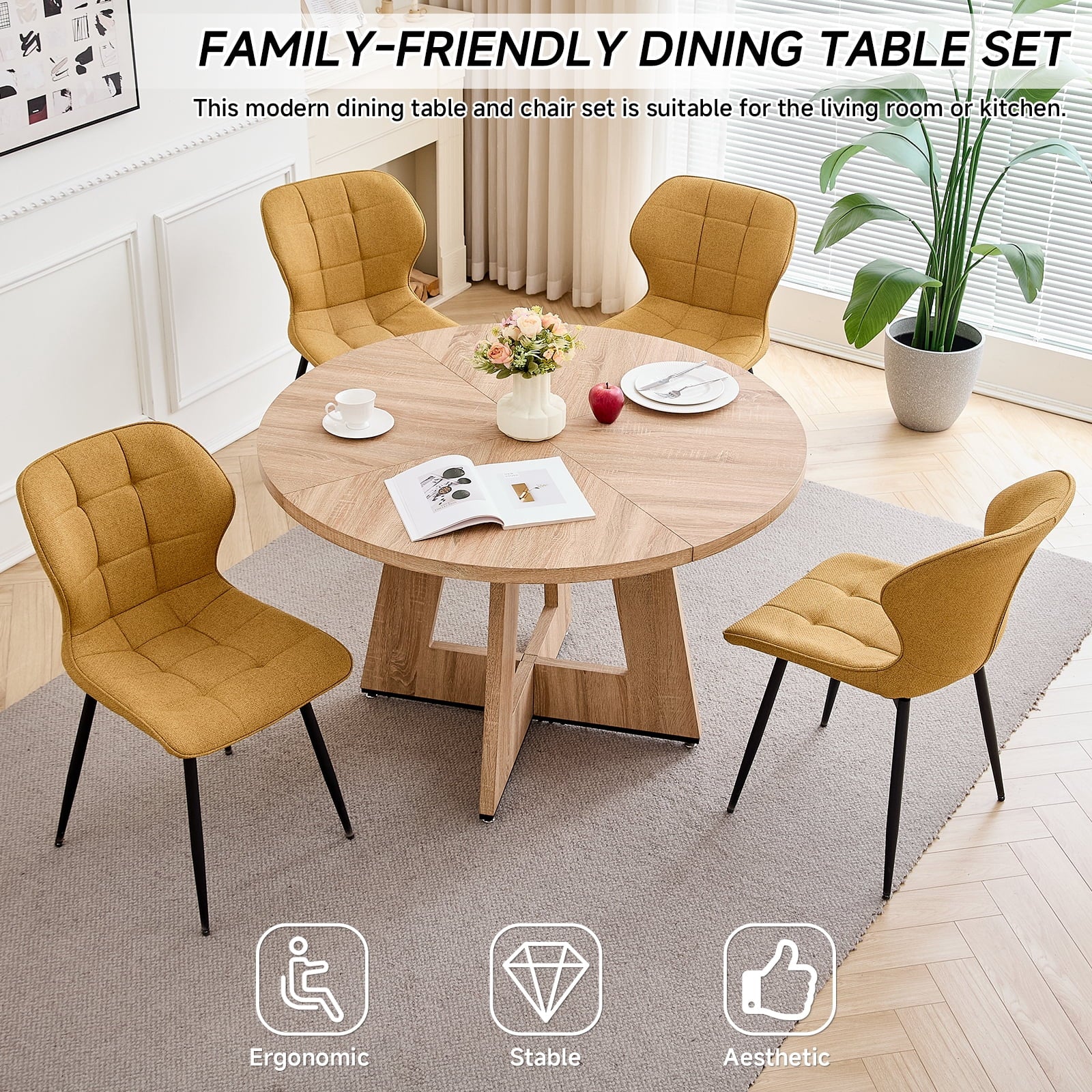 47 Round Dining Table Set for 4 Mid-Century Modern Kitchen Table with 4 Upholstered Chairs Kitchen Coffee Set Dining Table and Chairs for Living Room(Natural Table with 4 Beige Chairs)
