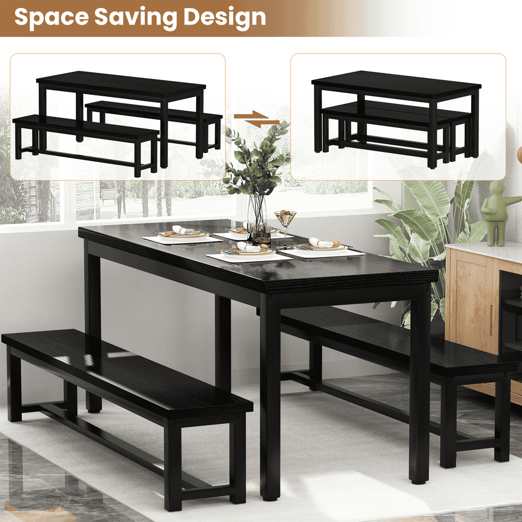 MIERES Kitchen Dining Set: Rectangular solid wood dining table with two benches, suitable for 2 to 4 people, small dining set, black