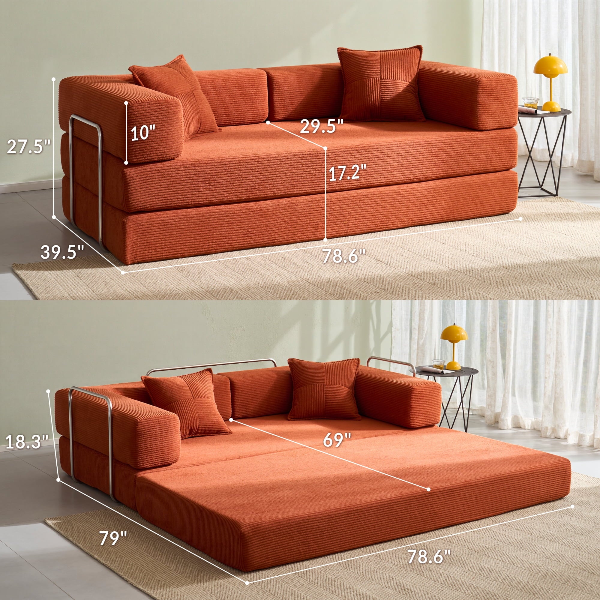YINIX 78,6 Convertible Sofa Couch with 2 Pillows, Sleeper Sofa Bed for Living Room, Small Spaces, Orange