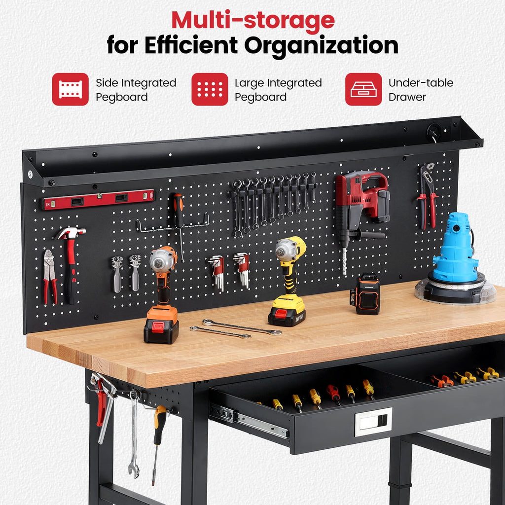 Workbench for Garage,ENJOYWOOD Heavy Duty 48 inch Wood Work Bench with Drawers,Led Lights, Pegboard and Wheels,Rubber Wood Tabletop,2000 LBS Load Bearing Workstation Garage Desk Table Worktable