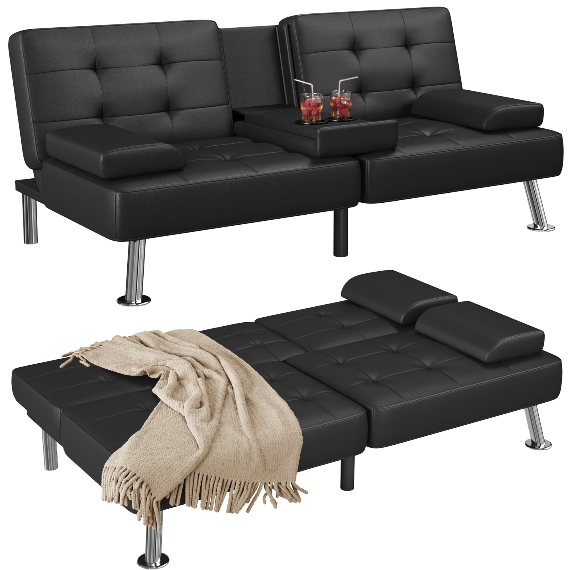 Homall Futon Sofa Bed Faux Leather Couch Modern Convertible Folding Recliner with 2 Cup Holders