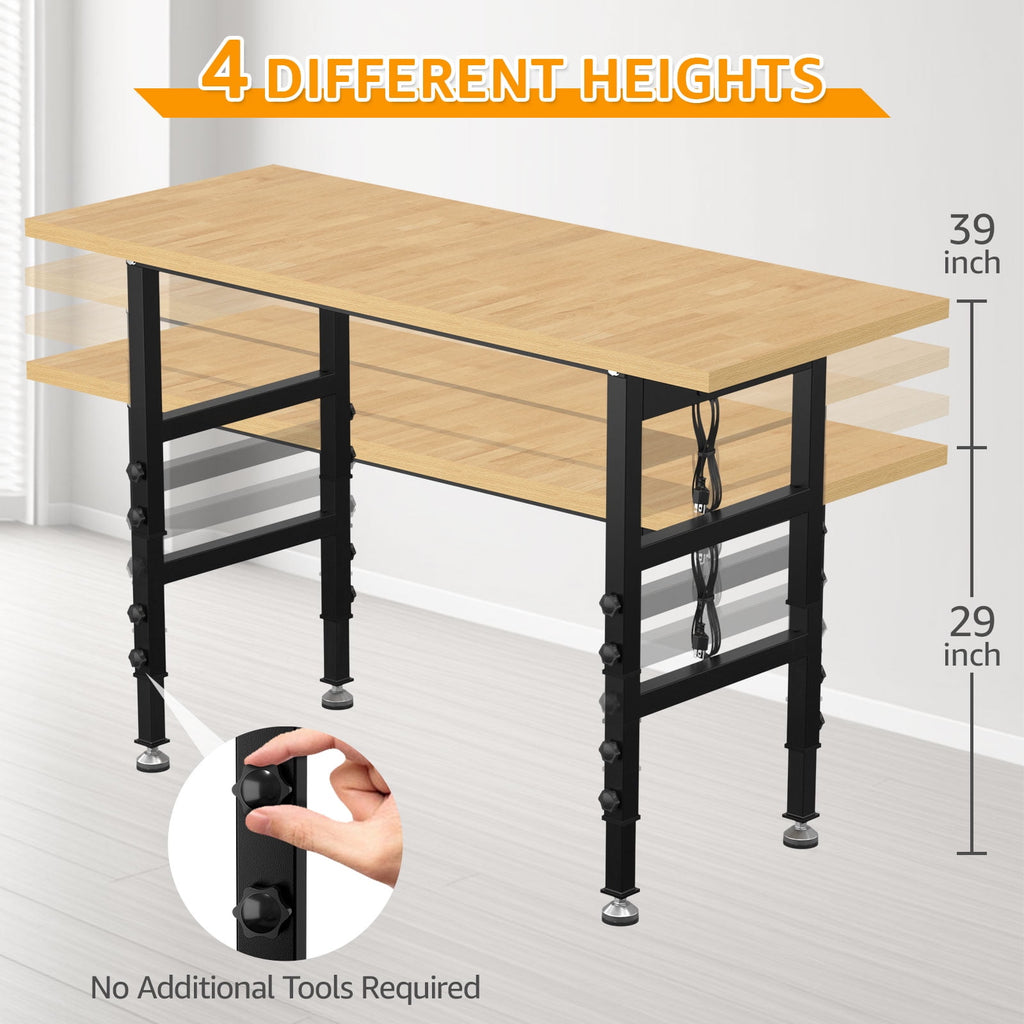 60 Adjustable Workbench,Heavy-Duty Work Table,3000 LBS Load Capacity Hardwood Workstation Outlets with Power strips and Wheels,for Workshop, Garage