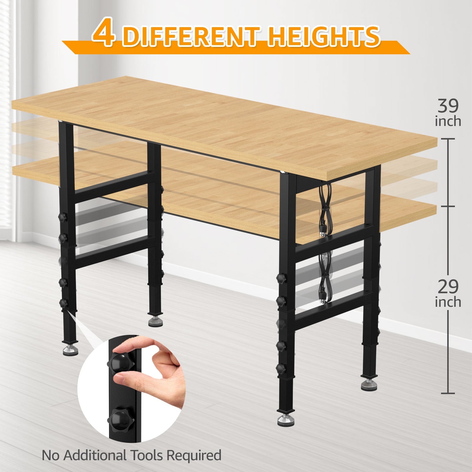 60 Adjustable Workbench,Heavy-Duty Work Table,3000 LBS Load Capacity Hardwood Workstation Outlets with Power strips and Wheels,for Workshop, Garage