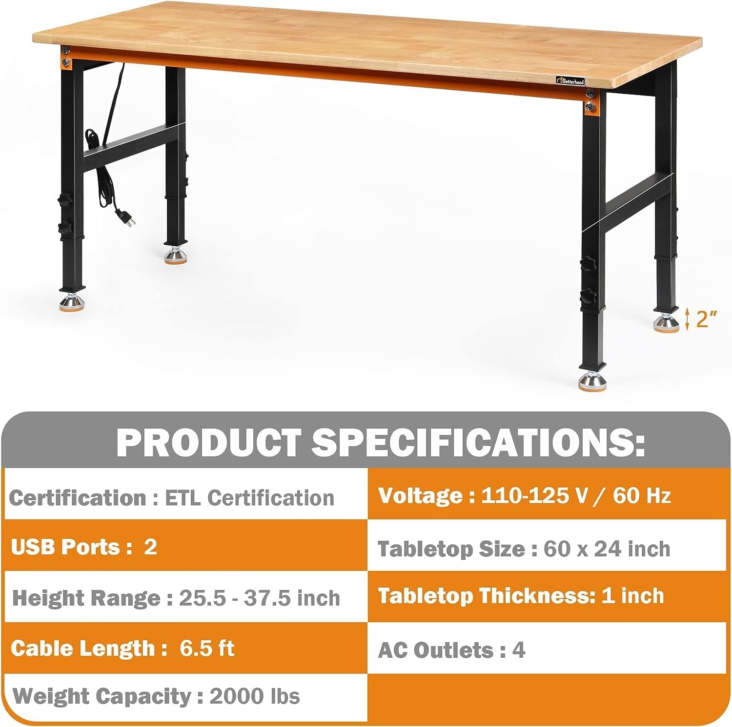 Tolead 60 Heavy-Duty Adjustable Workbench with Power Outlets, Rubber Wood Shop Table, Metal Wheels, Workstation