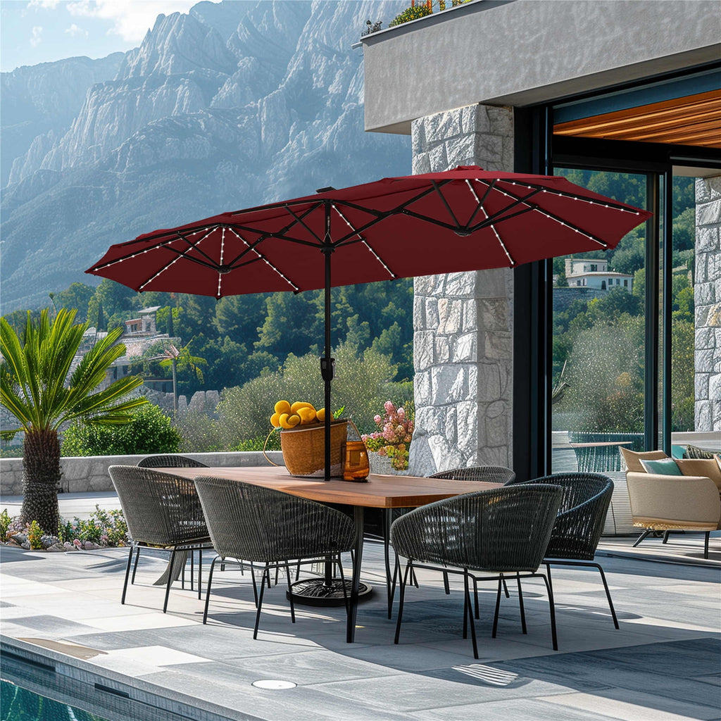 SUMMIT LIVING 13ft Large Patio Umbrella with Multi-Color LED Solar Lights Double-Sided Rectangular Outdoor Table Umbrella – Beige