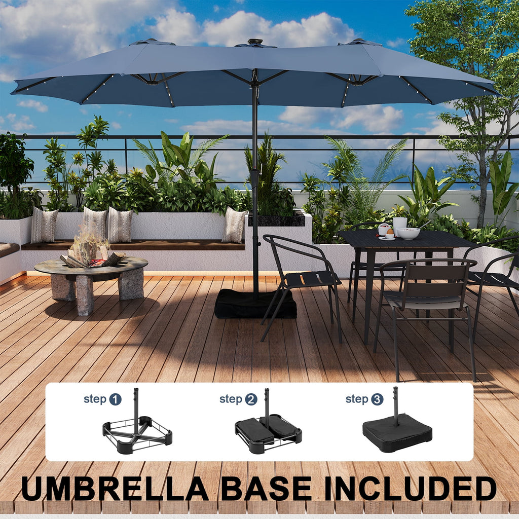 Ainfox 15ft Large Patio Umbrella with Solar Lights, Double-Sided Outdoor Rectangle Table Umbrellas with Sand Bag Base，Beige