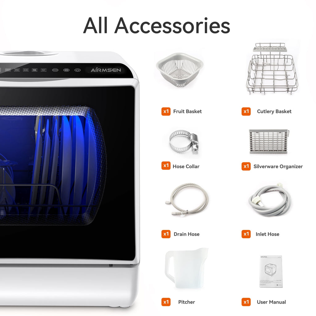 AIRMSEN Countertop Dishwasher with Salt Chamber, Portable Mini Dishwasher with 5L Built-in Water Tank, 18H Delay Start & ECO Mode, Ideal for Apartments & RVs, TDQR09