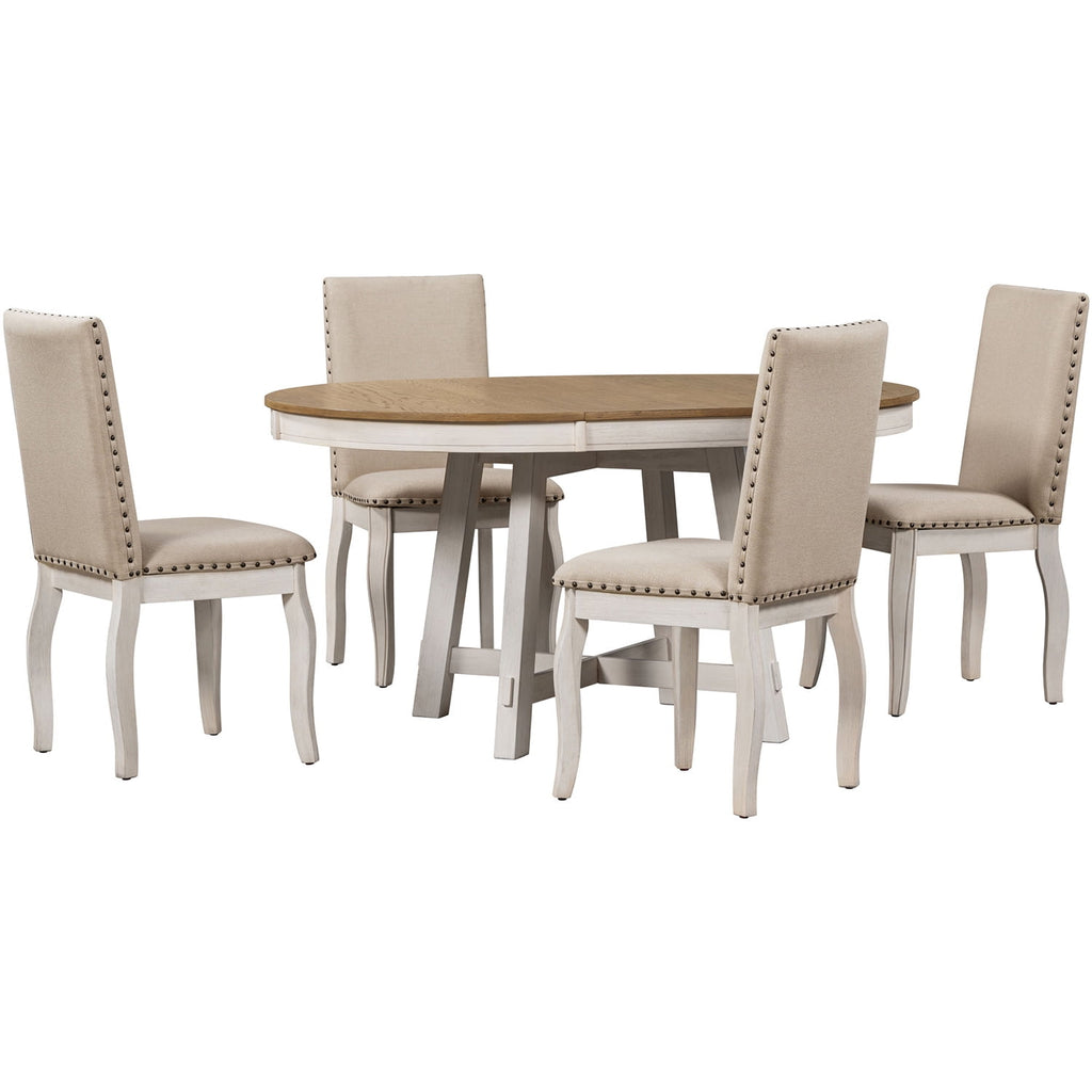Harper & Bright Designs Extendable Dining Table Set for 4 Upholstered Chairs Functional Retro Style Table for Dining Room Kitchen, Natural Wood Wash