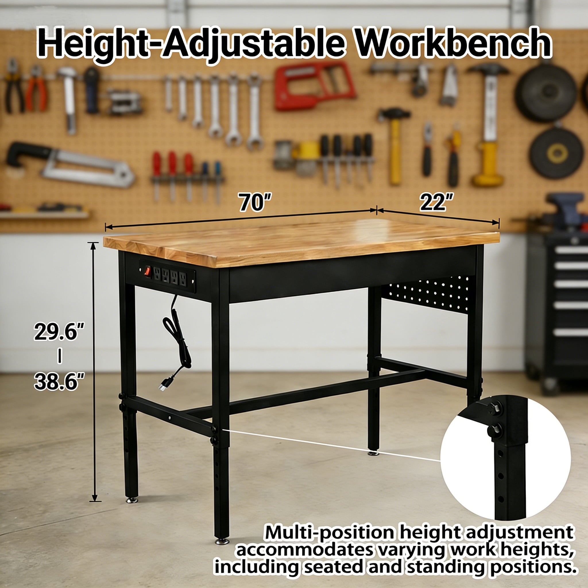 FFZ 70 Inch Adjustable Workbench with Power Outlet, Wheels and Hardwood Top, 70 x 22 x 29.6 inch, Black