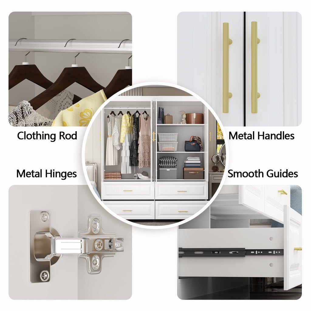 WIAWG 4 Door Wardrobe Closet with 4 Drawers & Shelves, Armoire Wardrobe Closet with Hanging Rod, for Bedroom White and Gold