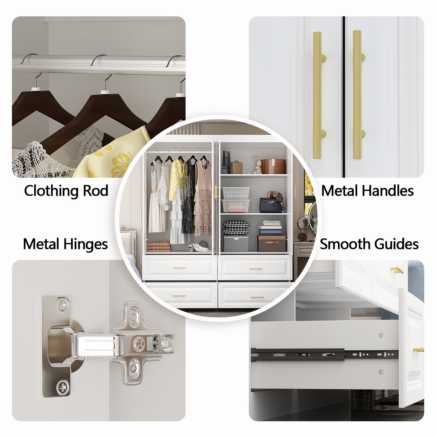 WIAWG 4 Door Wardrobe Closet with 4 Drawers & Shelves, Armoire Wardrobe Closet with Hanging Rod, for Bedroom White and Gold