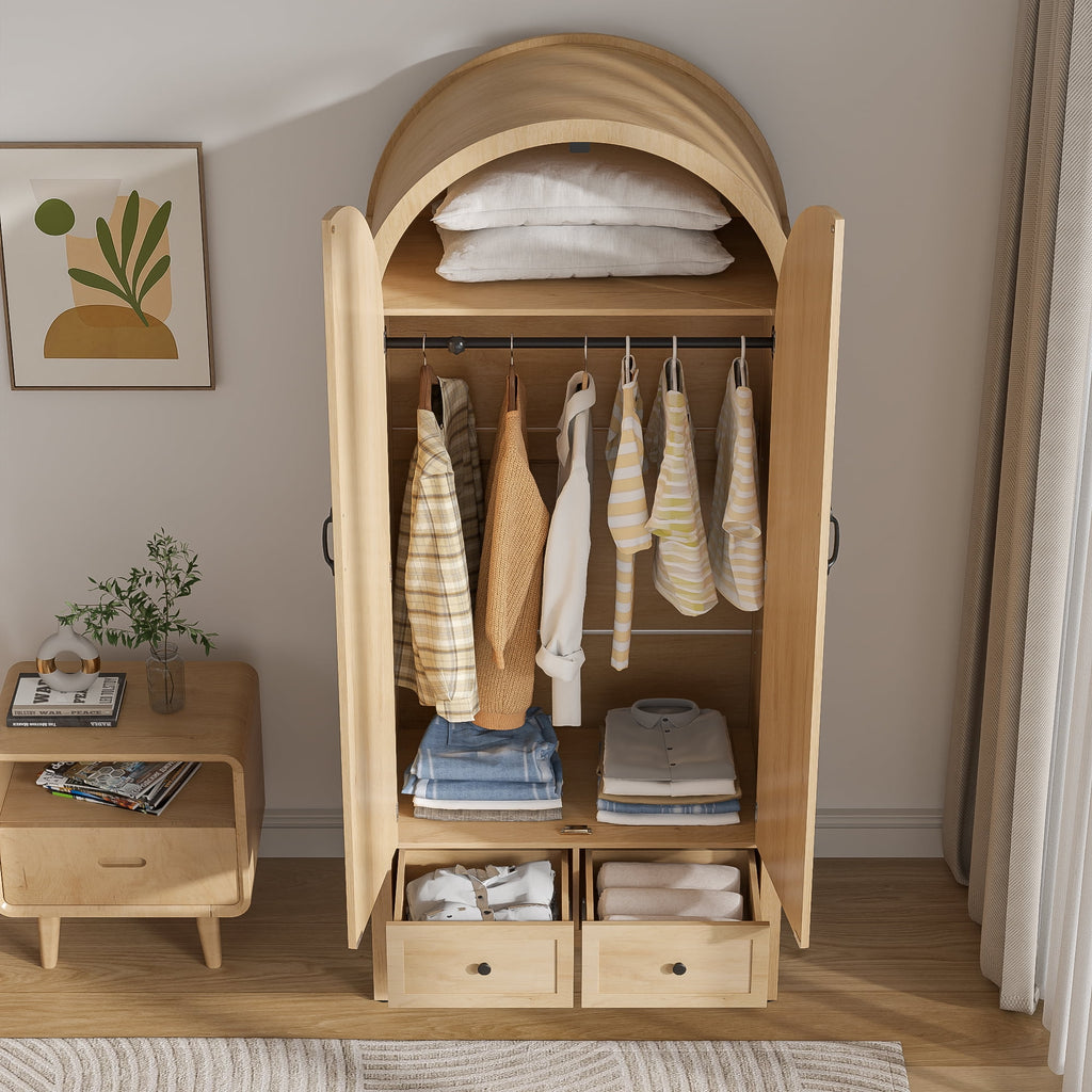 Armoire Wardrobe Closet, Wardrobe Cabinet with Drawers and Hanging Rod, Wooden Armoire Closet for Bedroom, Walnut