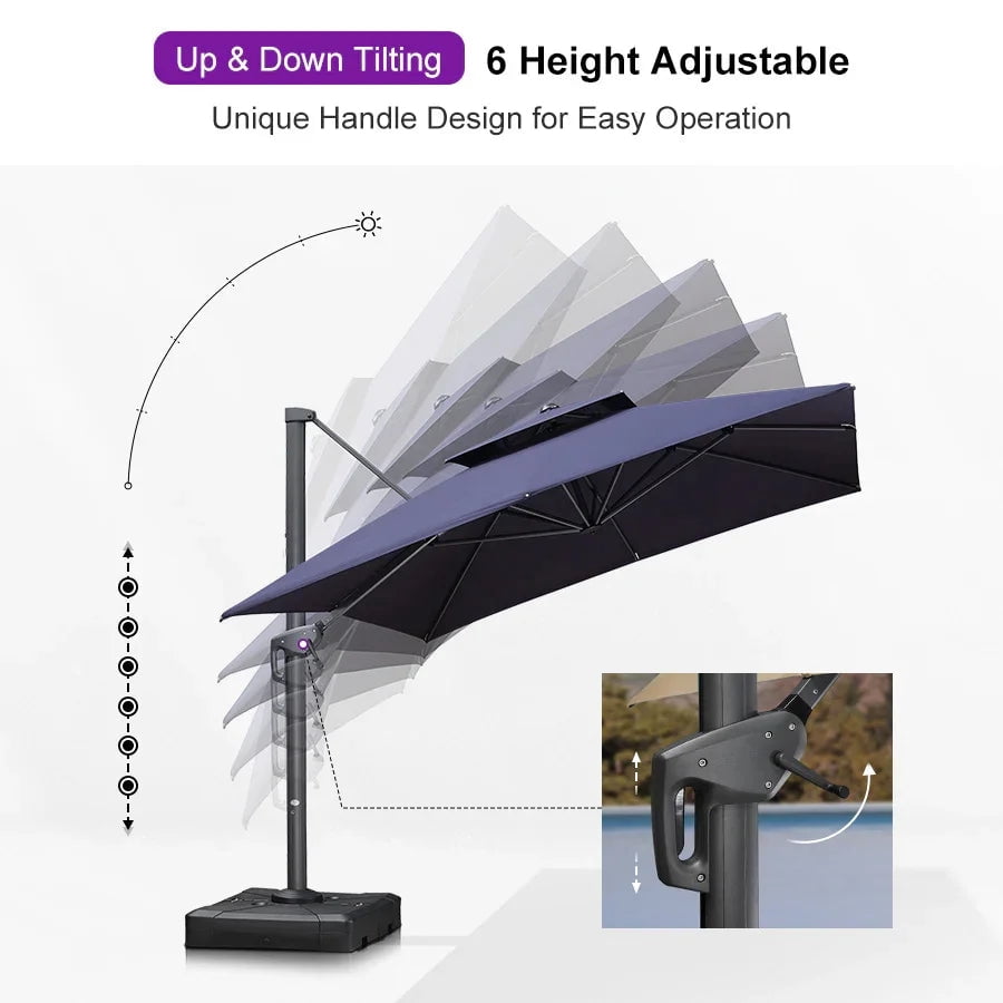 PURPLE LEAF Cantilever Umbrellas 12FT Square Large Patio Umbrella Offset Umbrella with 360°Rotation Tilting And Hanging Double Top, Grey