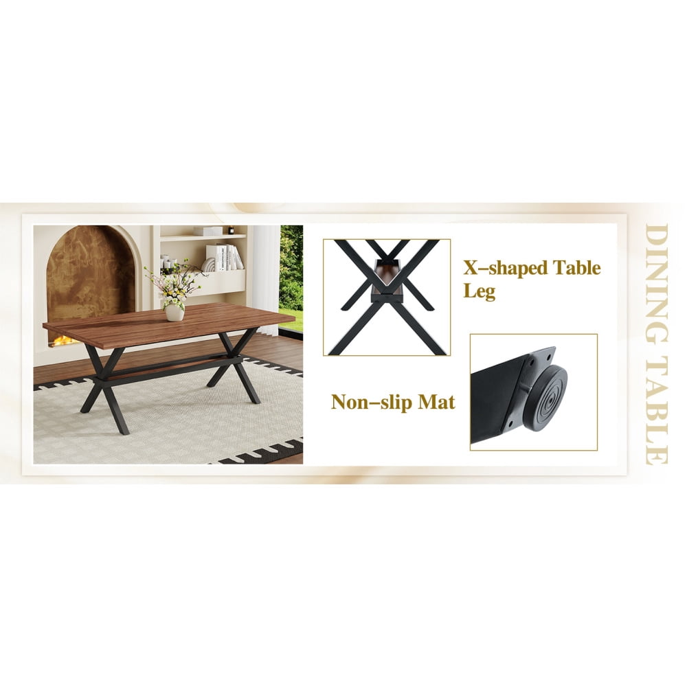 Modern 71 Wood Dining Table, Light Wood Grain MDF Top with X-Shaped Metal Legs, Seats 6-8 People, for Kitchen & Dining Room