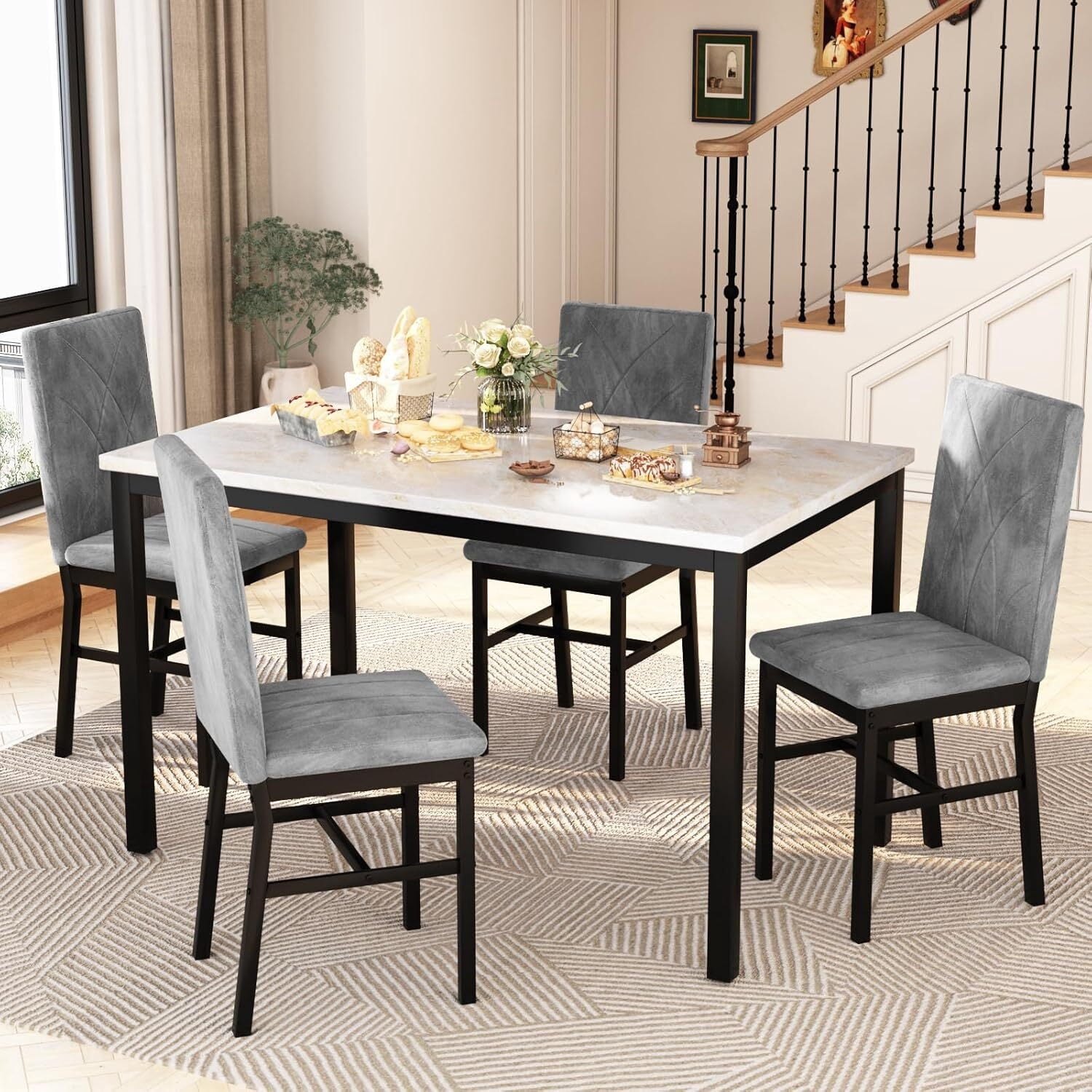 MOOSENG Dining Table Set for 4, Faux Marble Kitchen Table and Chairs Set of 4, 5-Piece Dining Room Set with PU Leather Upholstered Chairs for Small Space, Gray