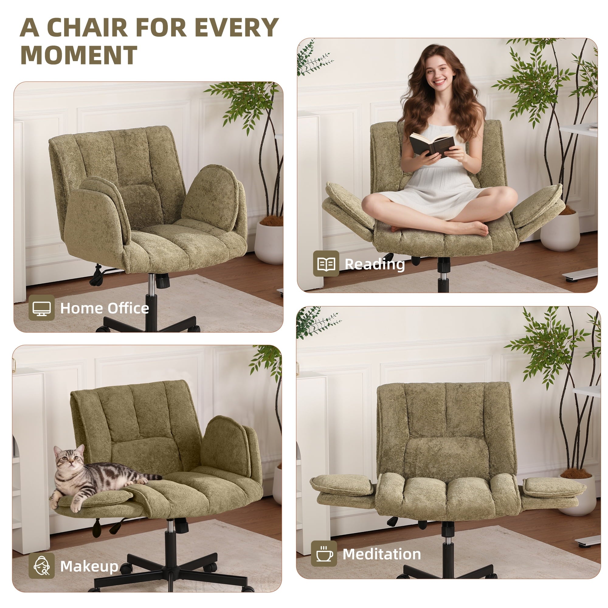 Cross Legged Office Chair with Wheels & Dynamic Airbag Lumbar Support, Criss Cross Wide Seat, 5-Position Fold-Down Armrests, Swivel Vanity Chair for Home Office, Dark Green