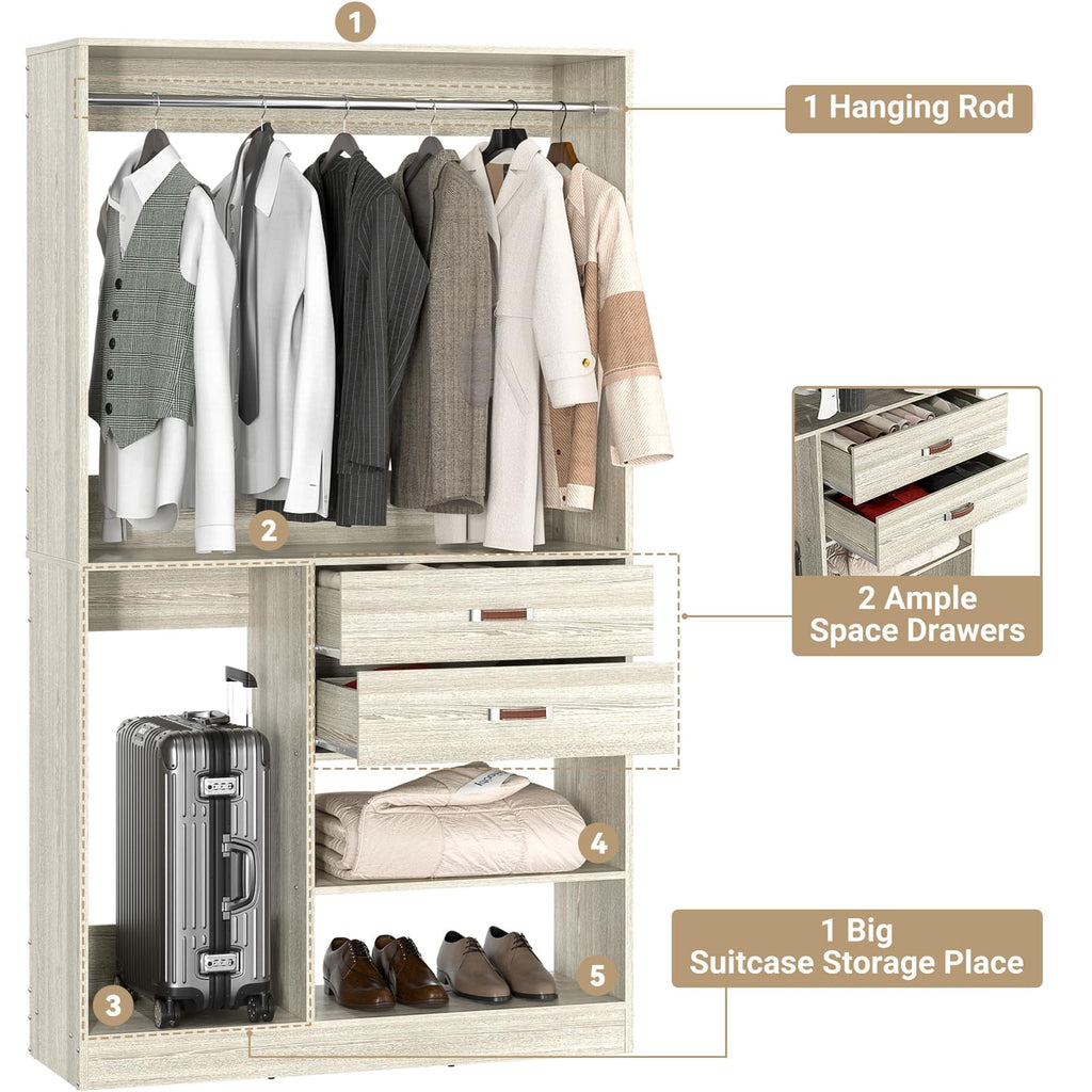 Homieasy Freestanding Closet System with Suitcase Storage, 40'' Closet Organizer System with 2 Wood Drawers and Hanging Rod, White