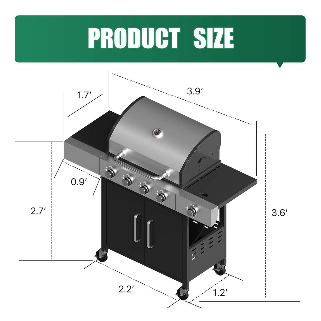 Clouddwell 4 Burner Gas Propane Grill, with 4 Casters, Side Table, and Thermometer, Patio Garden BBQ Grill Perfect for Camping, Black and Silver