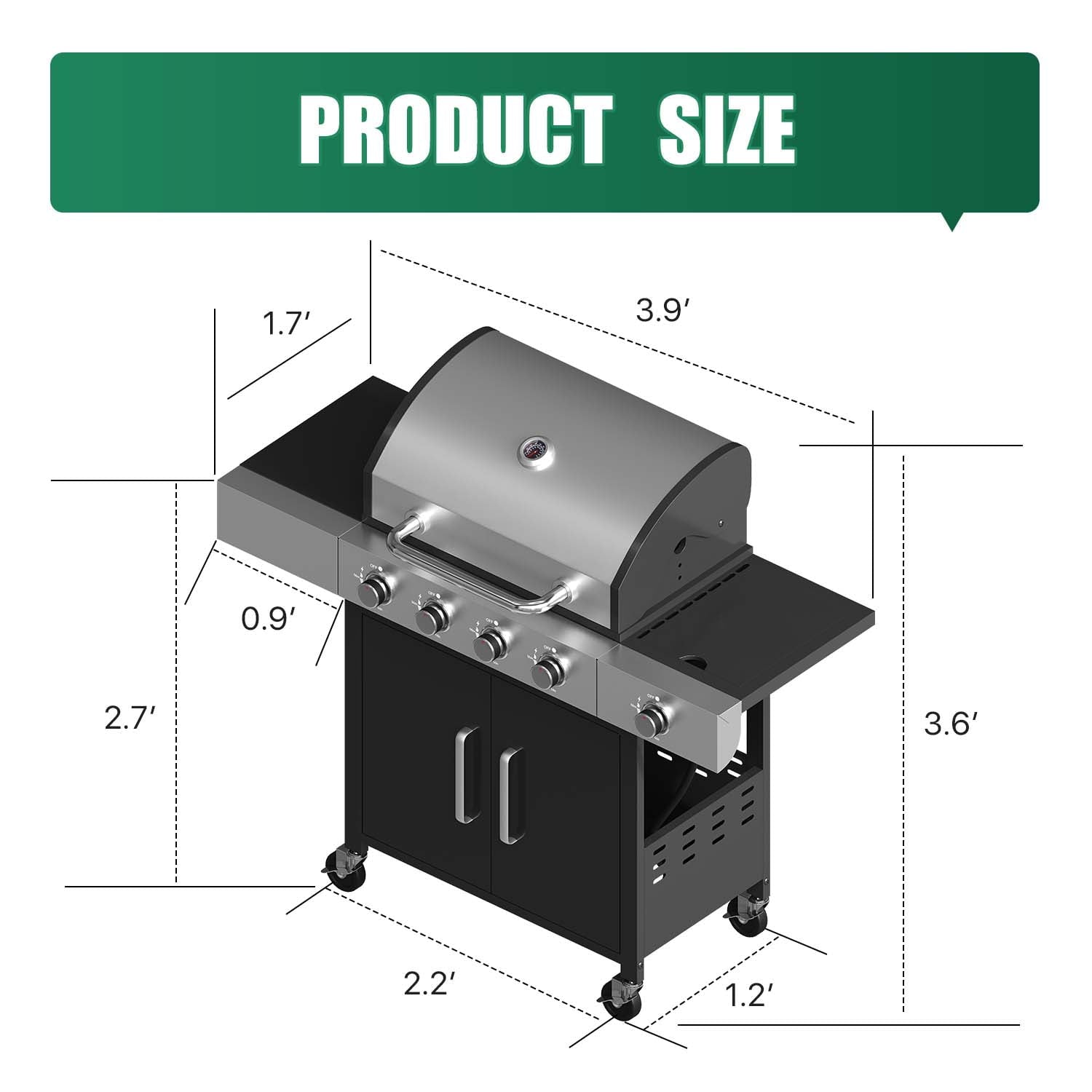 Clouddwell 4 Burner Gas Propane Grill, with 4 Casters, Side Table, and Thermometer, Patio Garden BBQ Grill Perfect for Camping, Black and Silver