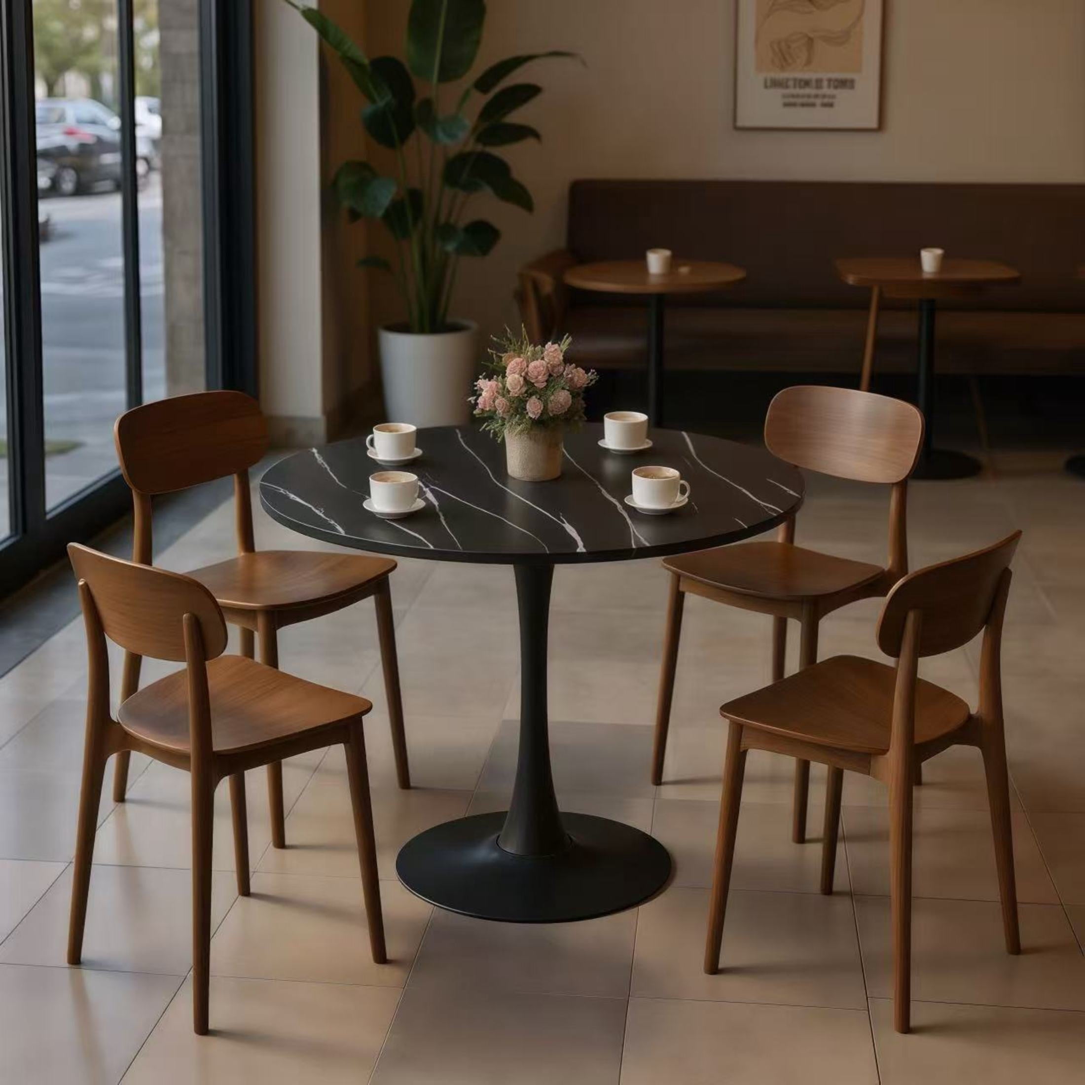 GDF Studio 24 Round Modern Dining Table, Wooden Top Tulip Table with Steel Pedestal Base, Kitchen Table, Walnut