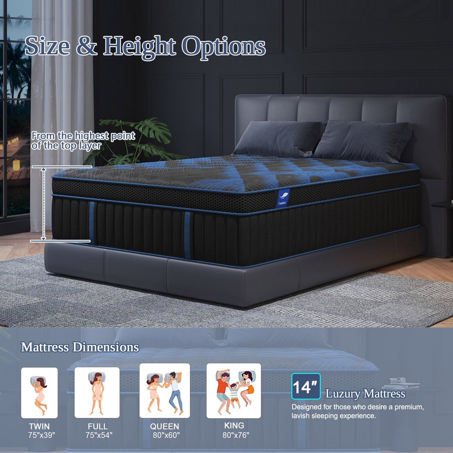 COLETEX Full Size Mattress 12inch Hybrid Mattress in a Box Medium Firm with Gel Memory Foam Pocket Spring for Pressure Relief,Adult,Black